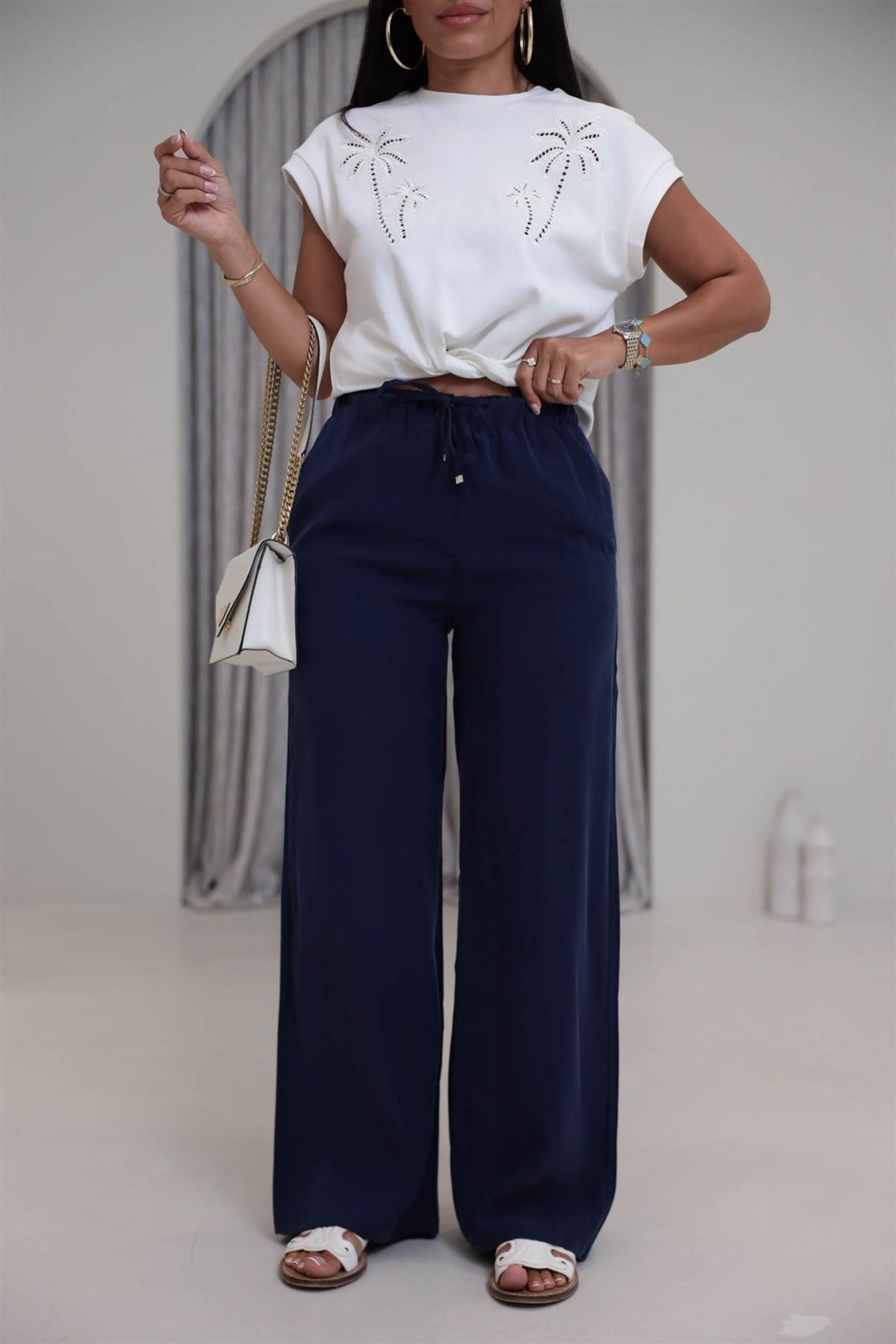 Tencel Kumaş Bol Paça Pantolon LACİVERT