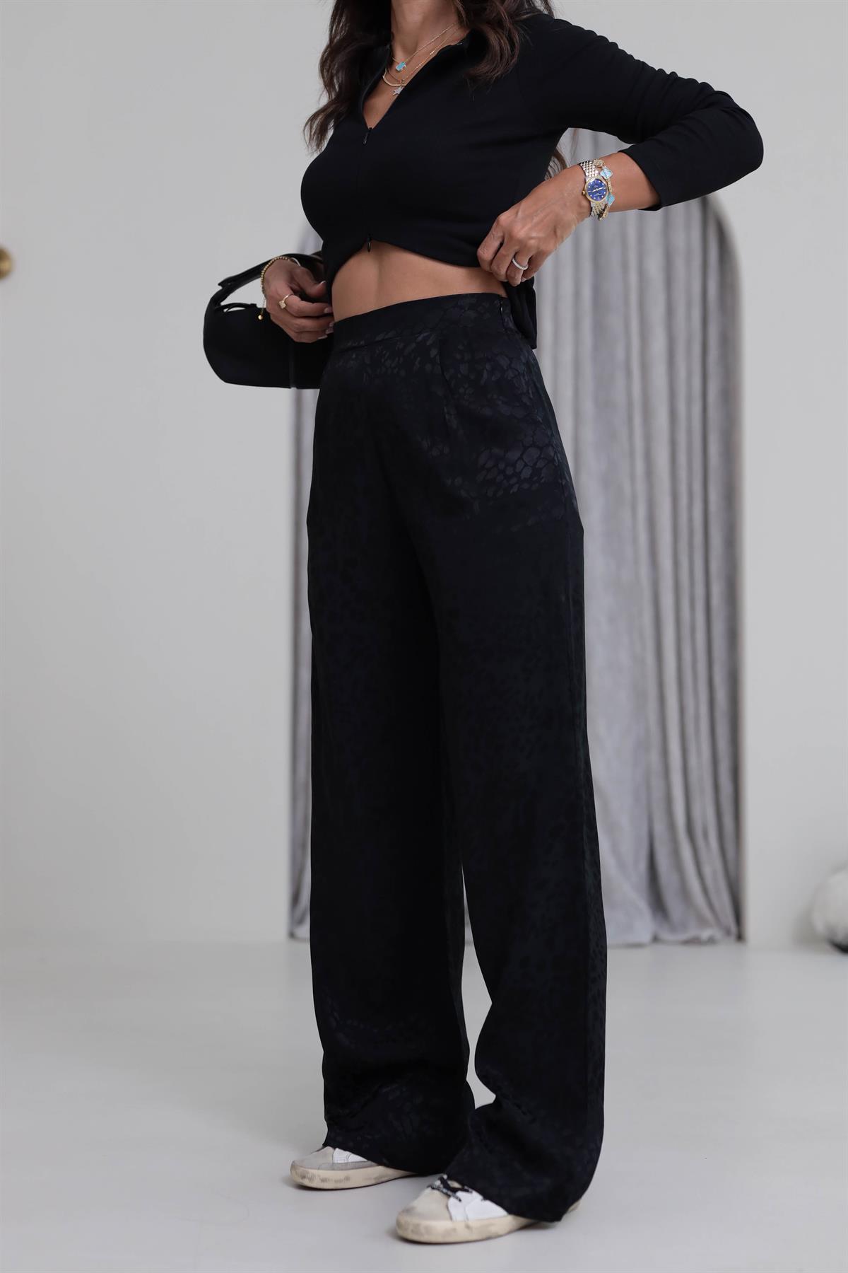 0338 Leopar Desen Saten Pantolon SİYAH