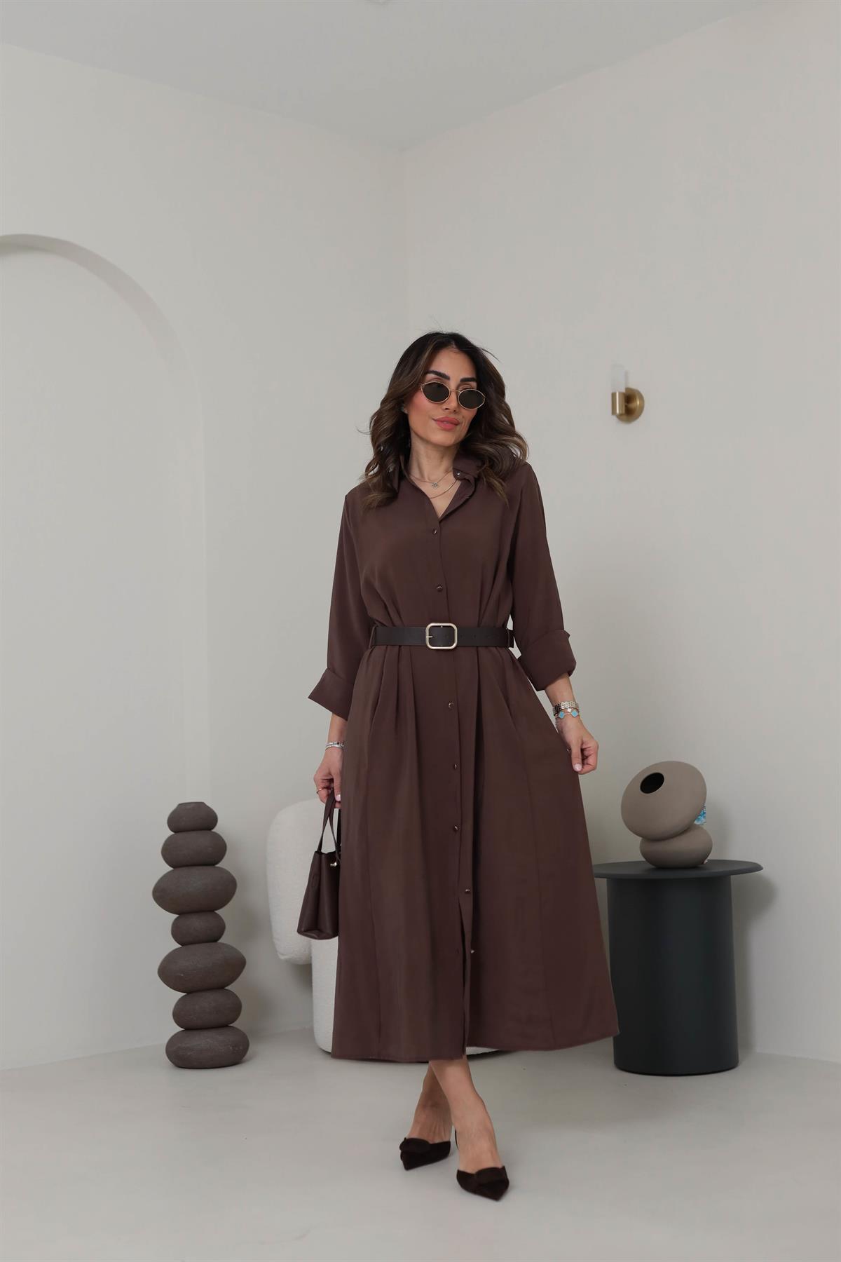 0286 Gold Düğmeli Tencel Gömlek Elbise KAHVE