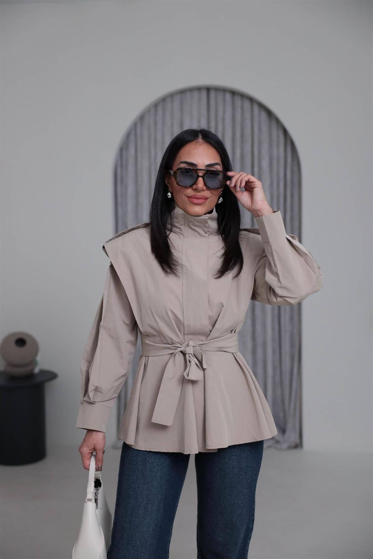 7623 Dik Yaka Geniş Omuz Kuşaklı Trençkot HAKİ YEŞİL