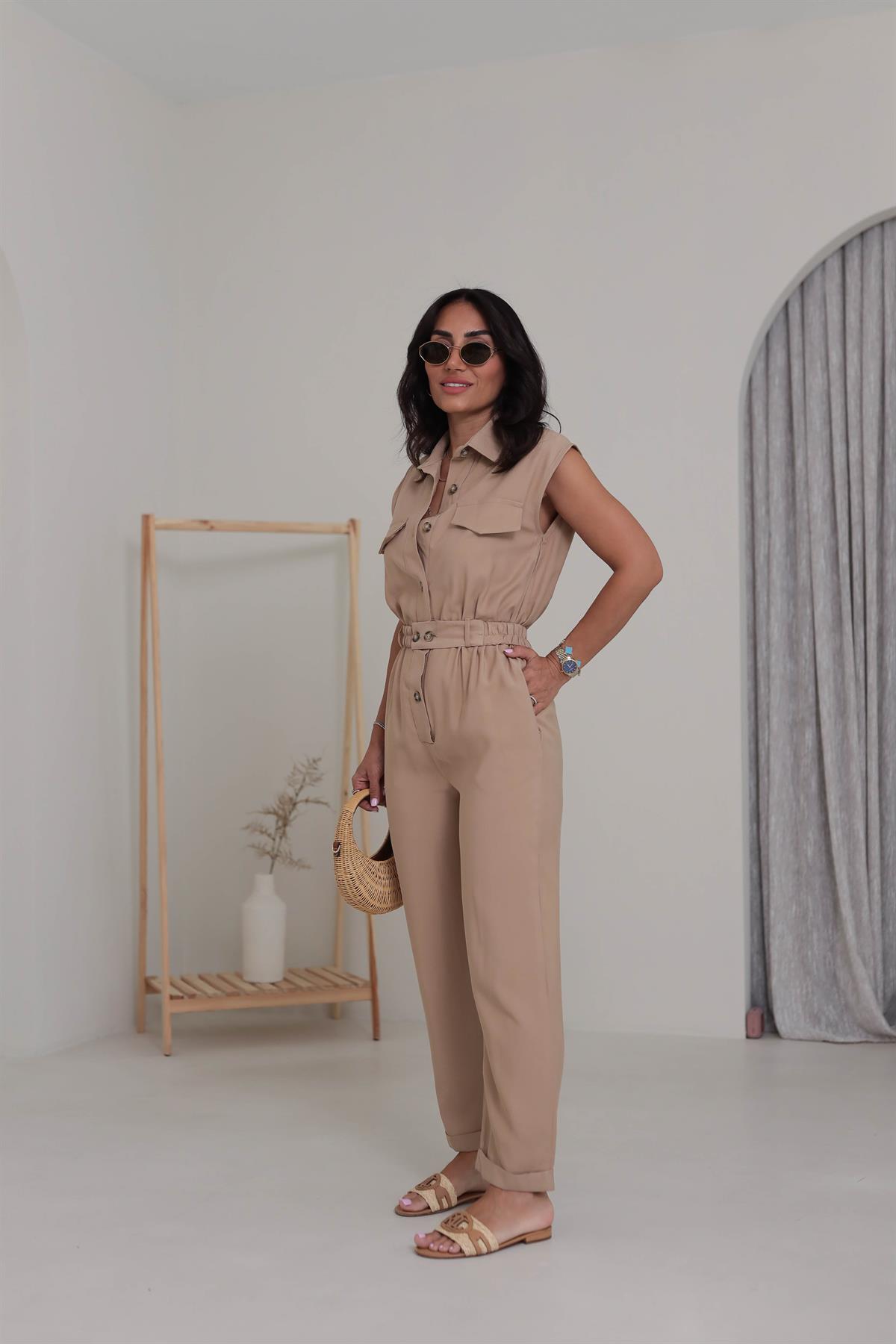 0107 Polo Yaka Kemerli Tencel Tulum CAMEL