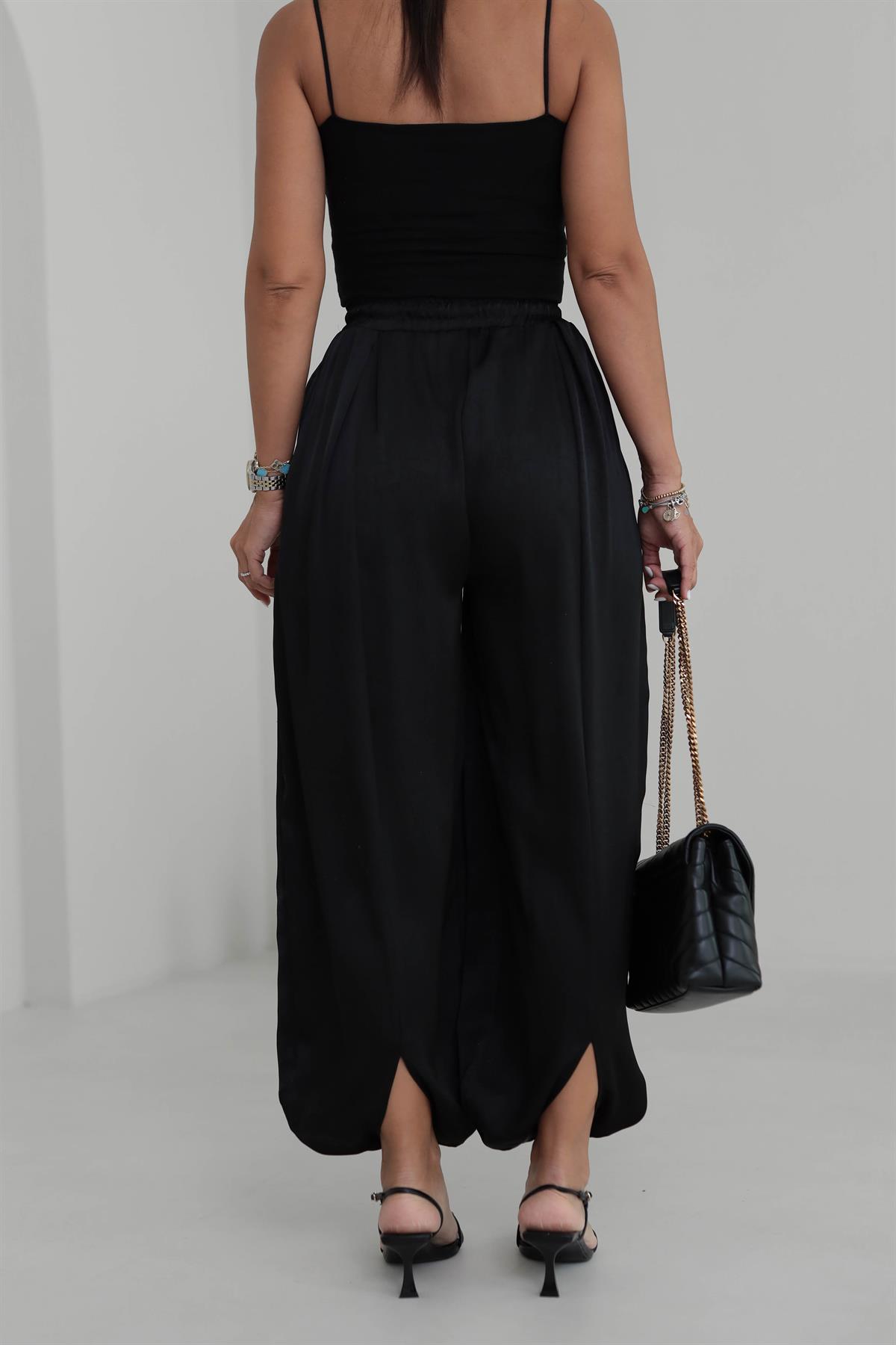 1199 Kendinden Desenli Saten Şalvar Pantolon SİYAH