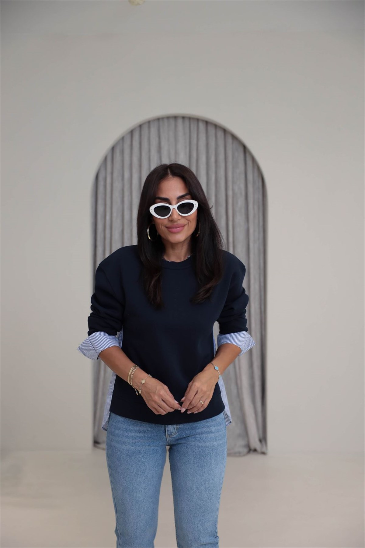 0201 Bisiklet Yaka Gömlek Garnili 3 İplik Sweatshirt LACİVERT