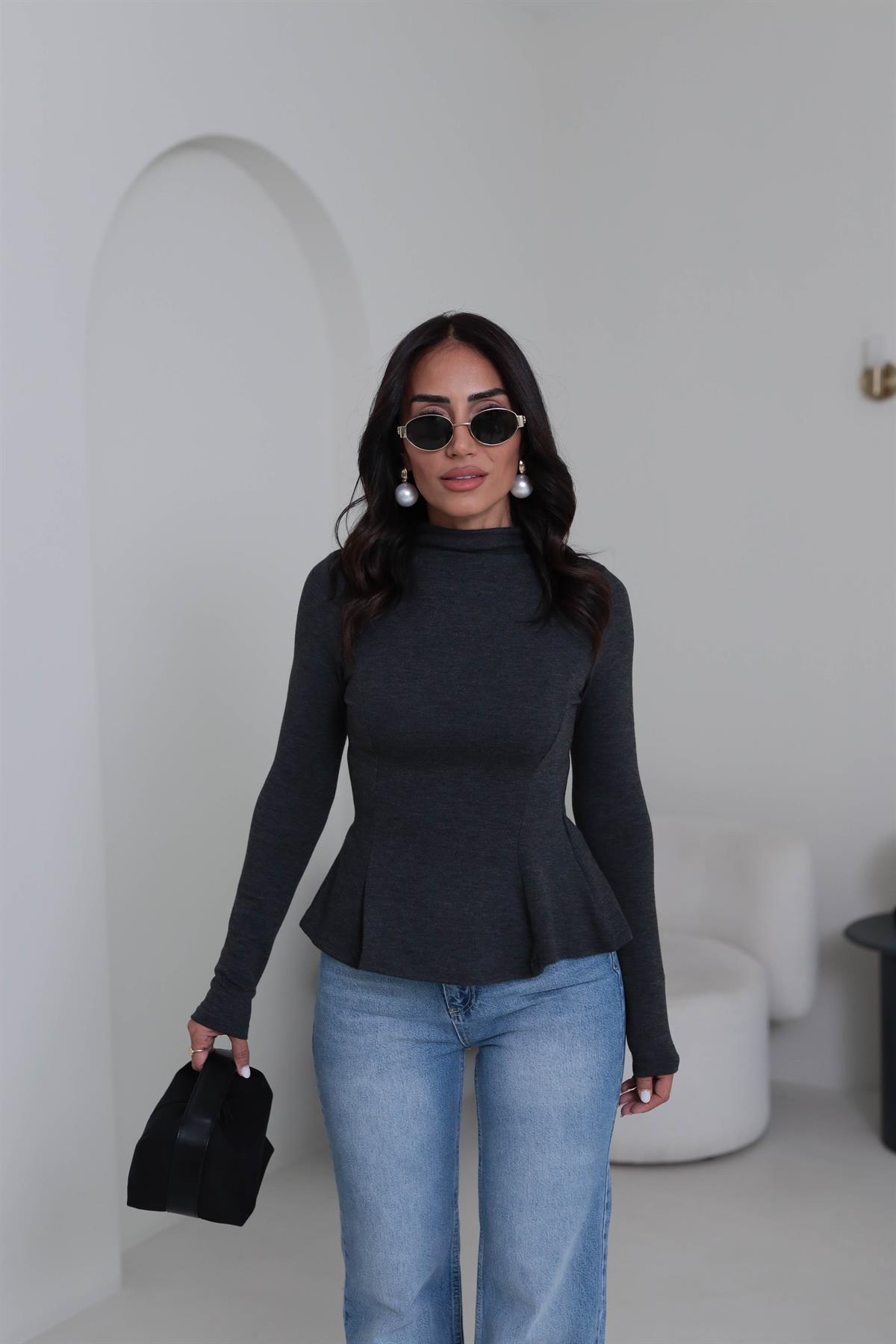 2038 Uzun Kollu Peplum Bluz ANTRASİT
