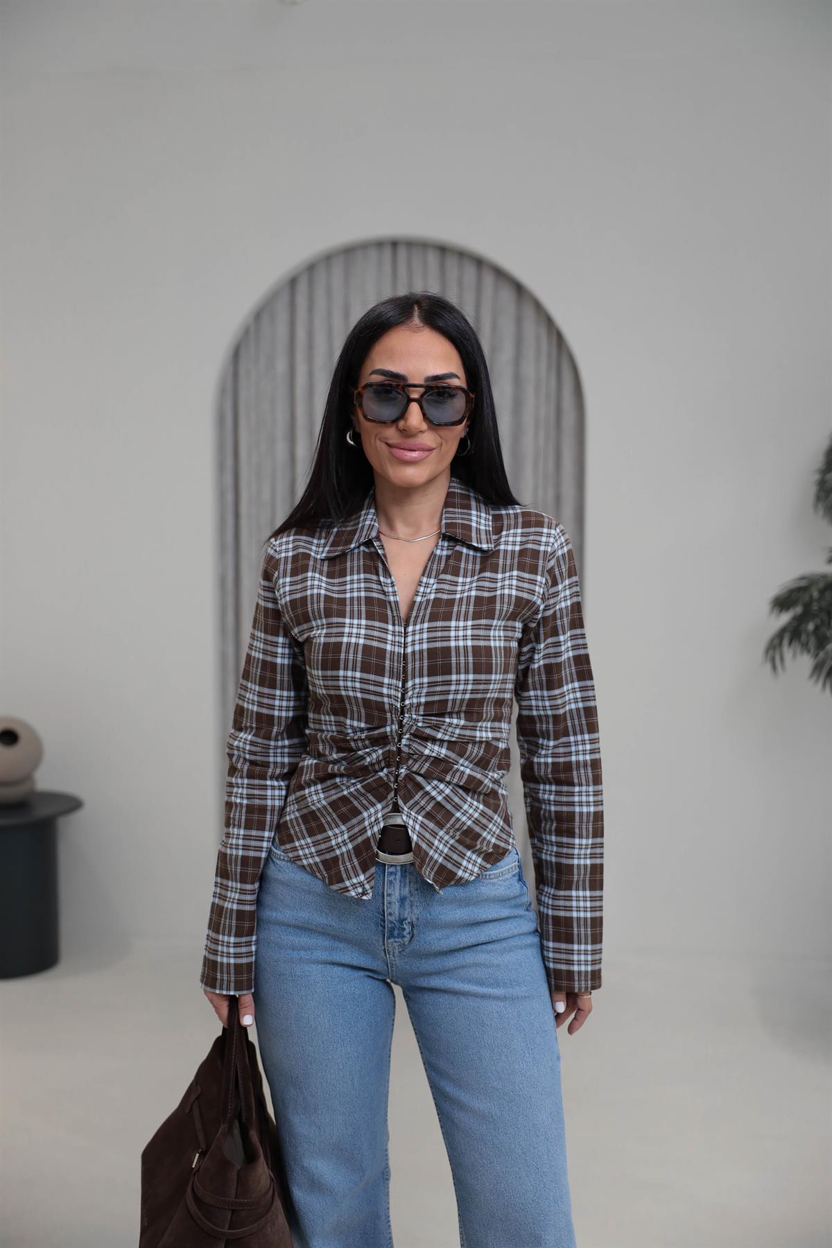 0817 Agraflı Ekose Gömlek KAHVE