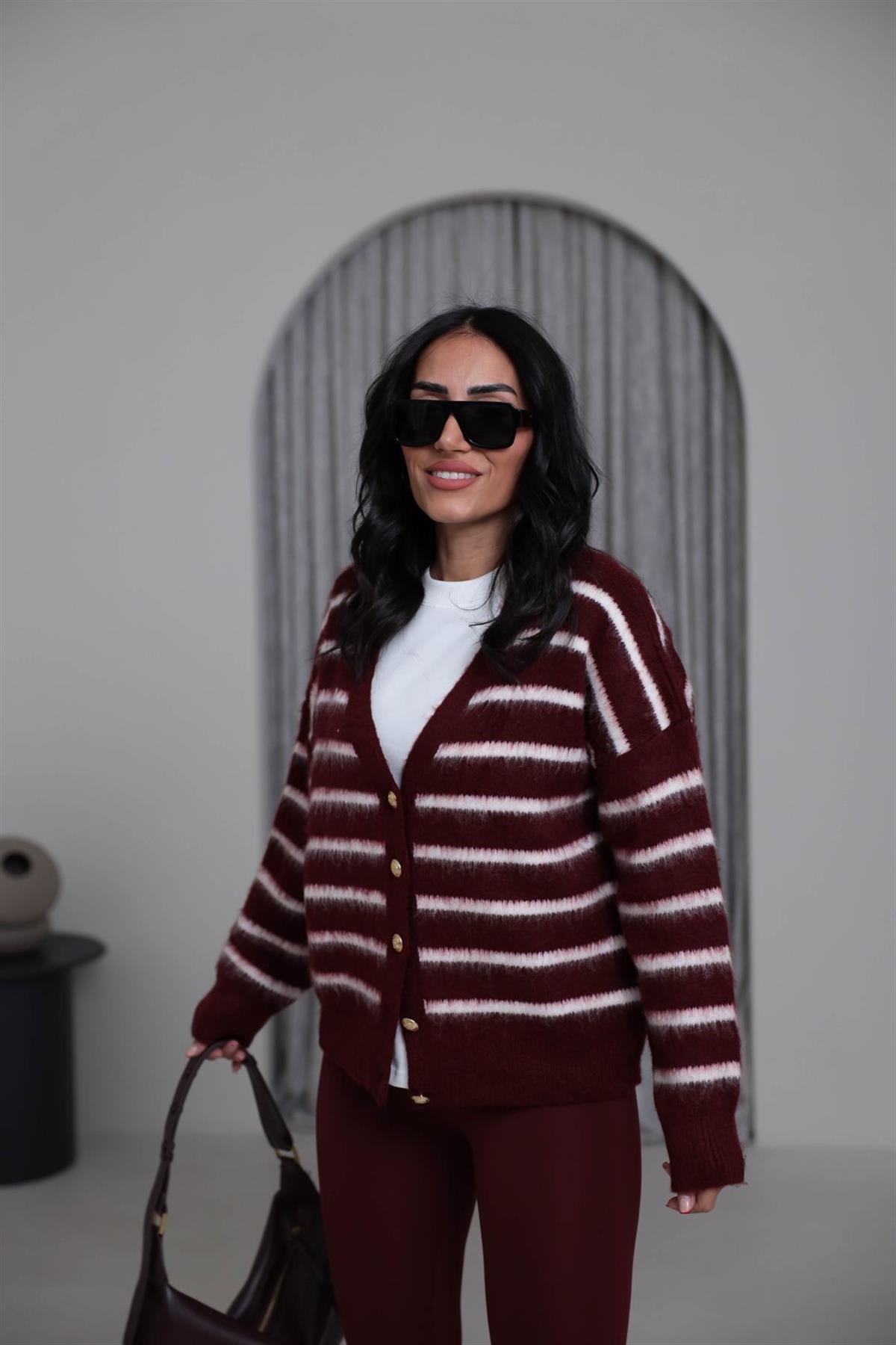 4584 Gold Düğmeli Çizgili Yumoş Hırka BORDO