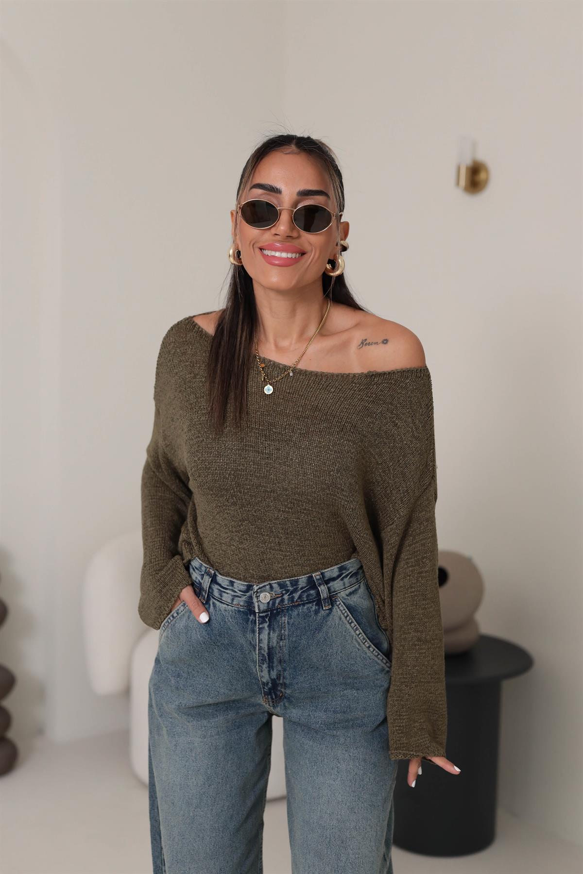 4455 Kayık Yaka Triko HAKİ YEŞİL