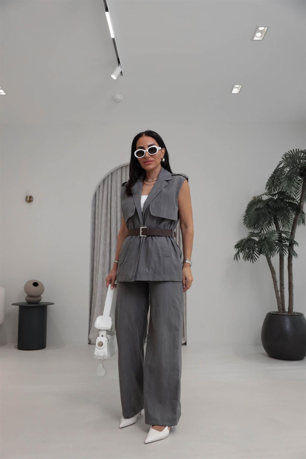 0719 Kemerli Tencel Kumaş Pantolon Yelek Takım GRİ
