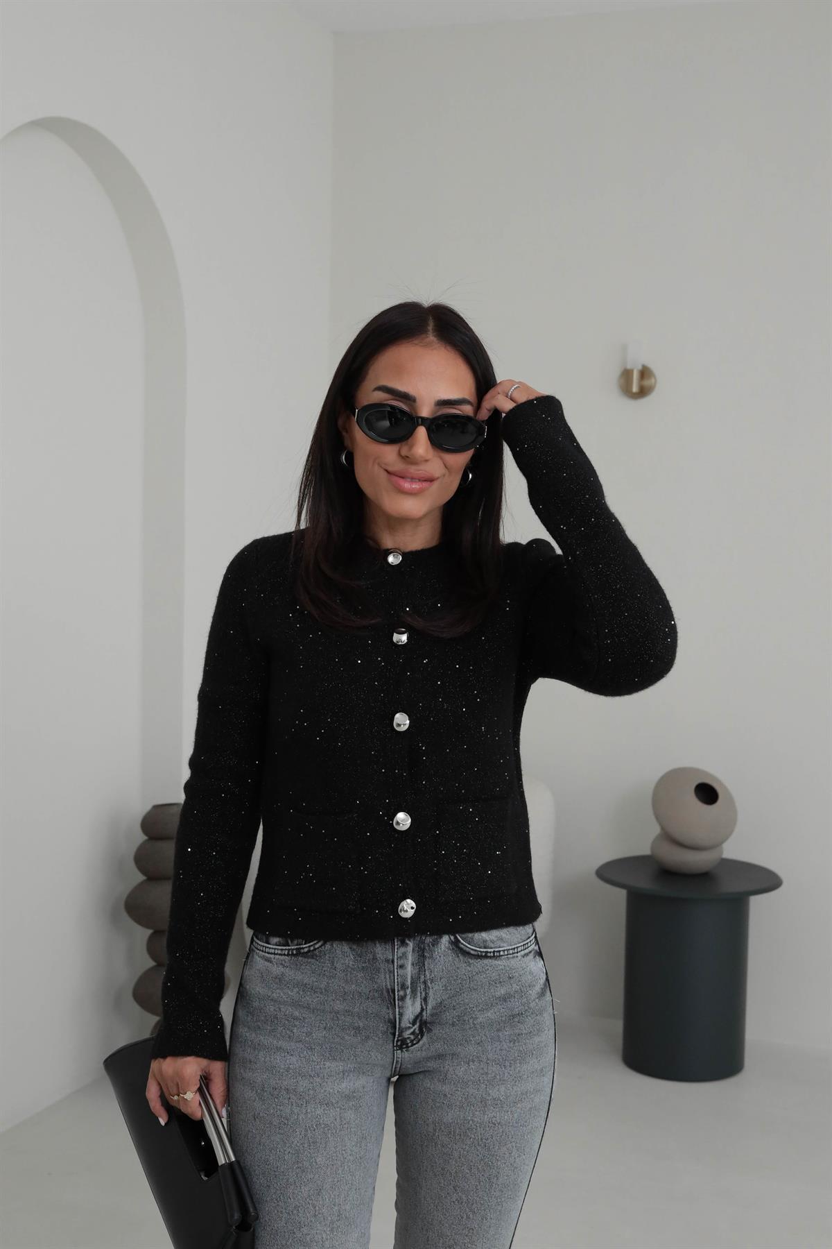 0935 Bisiklet Yaka Pullu Simli Düğmeli Triko Hırka SİYAH