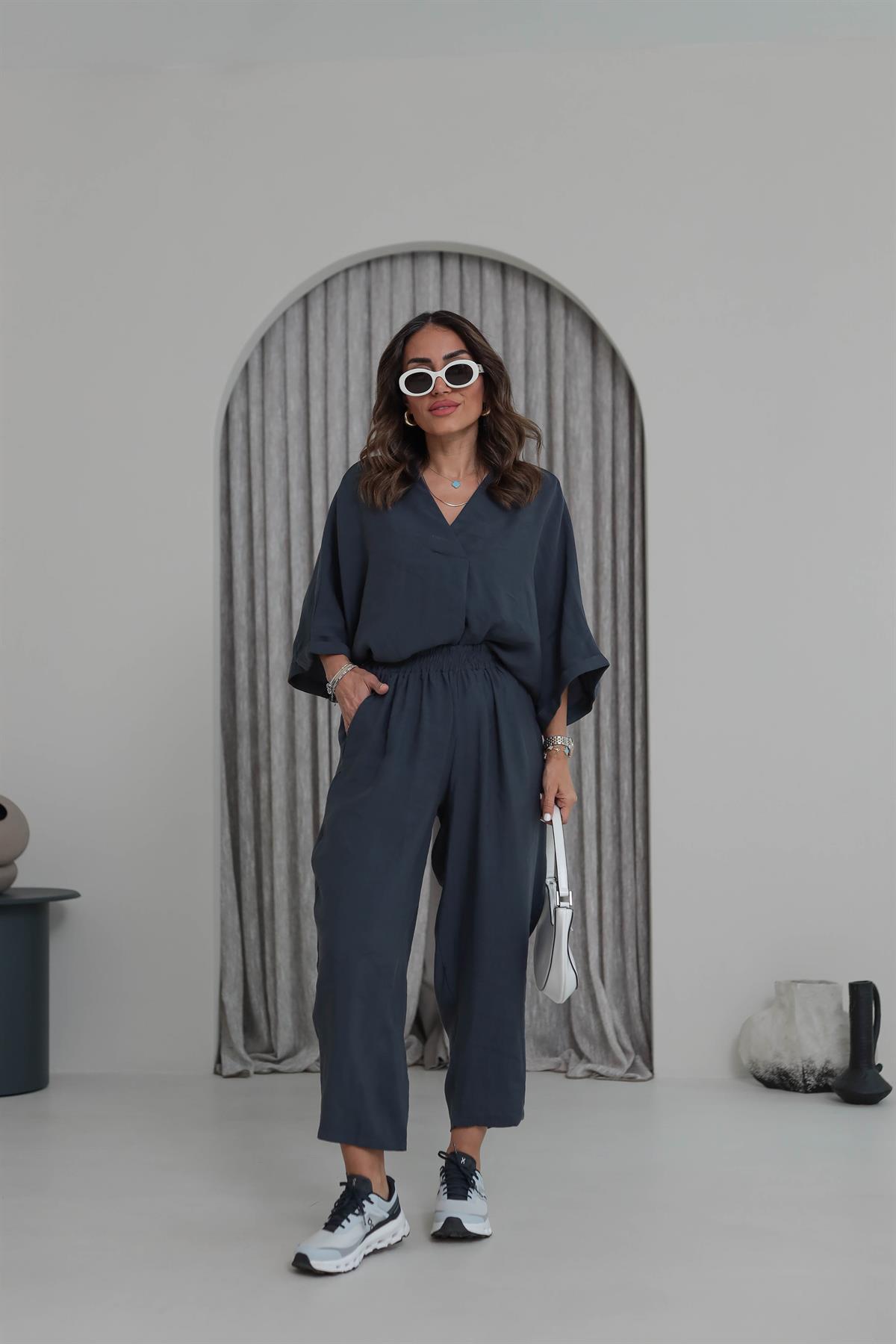 3077 Düşük Kol Tencel Kumaş Takım ANTRASİT