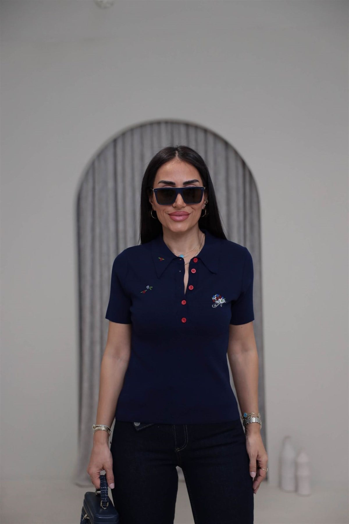 0615 Çiçek Nakış Detay Polo Yaka Kısa Kol Triko LACİVERT