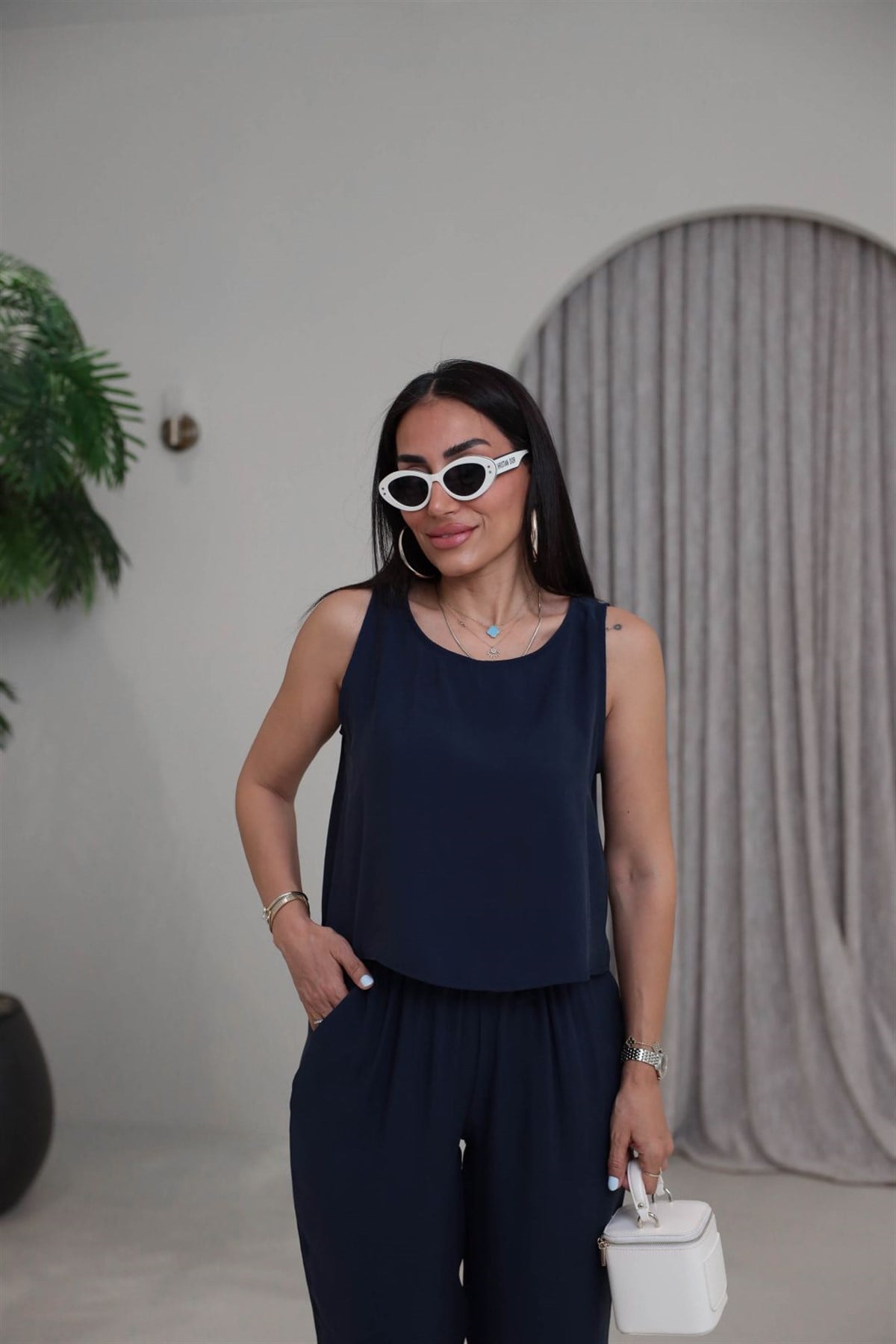 3089 Tencel Kumaş Kolsuz Takım LACİVERT