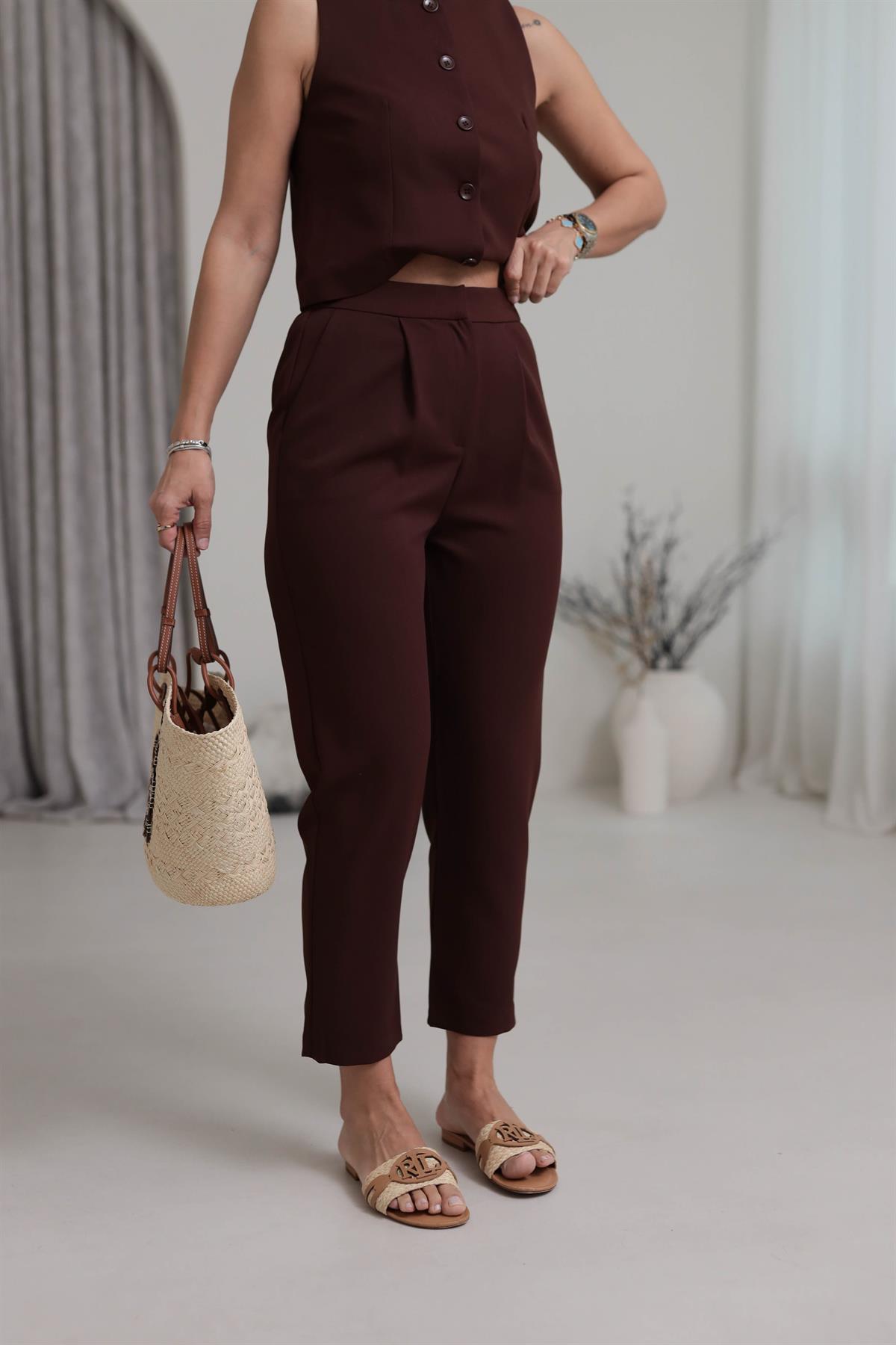 1154 Pensli Bel Lastikli Havuç Pantolon KAHVE