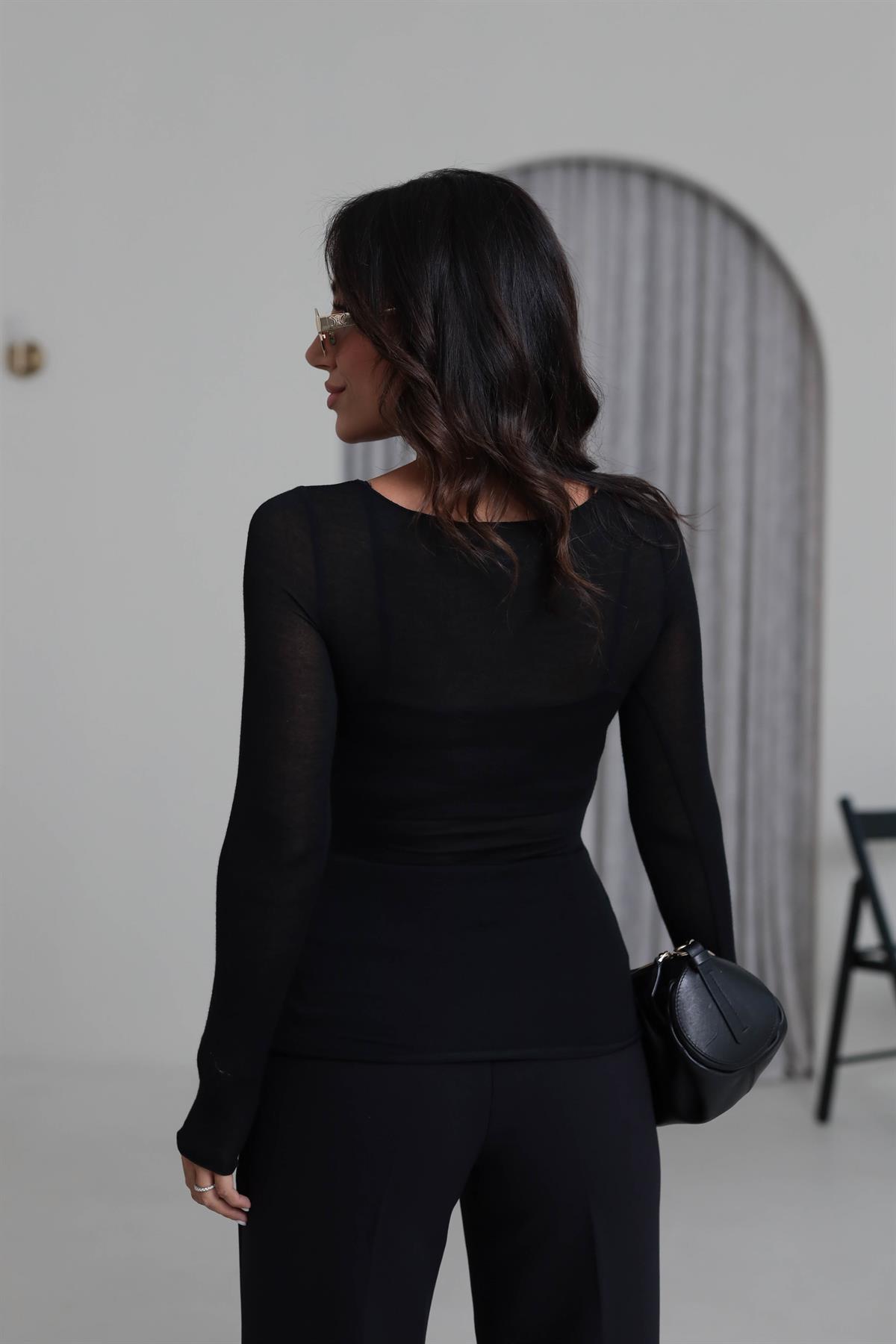 6641 Geniş Yaka Yumuşak Dokulu Bluz SİYAH