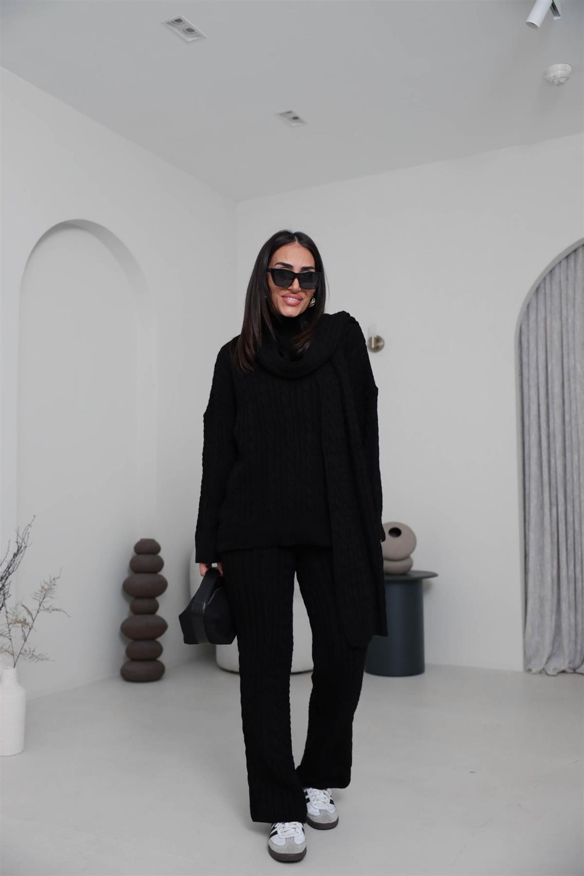 2464 Şal Detaylı Üçlü Triko Takım SİYAH