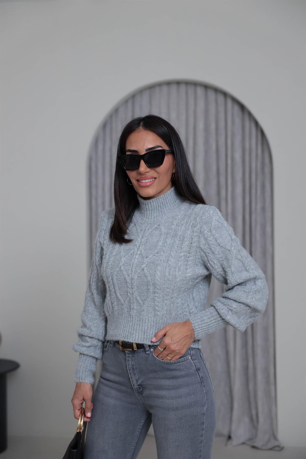 2549 Balıkçı Yaka Örgü Desen Kazak GRİ