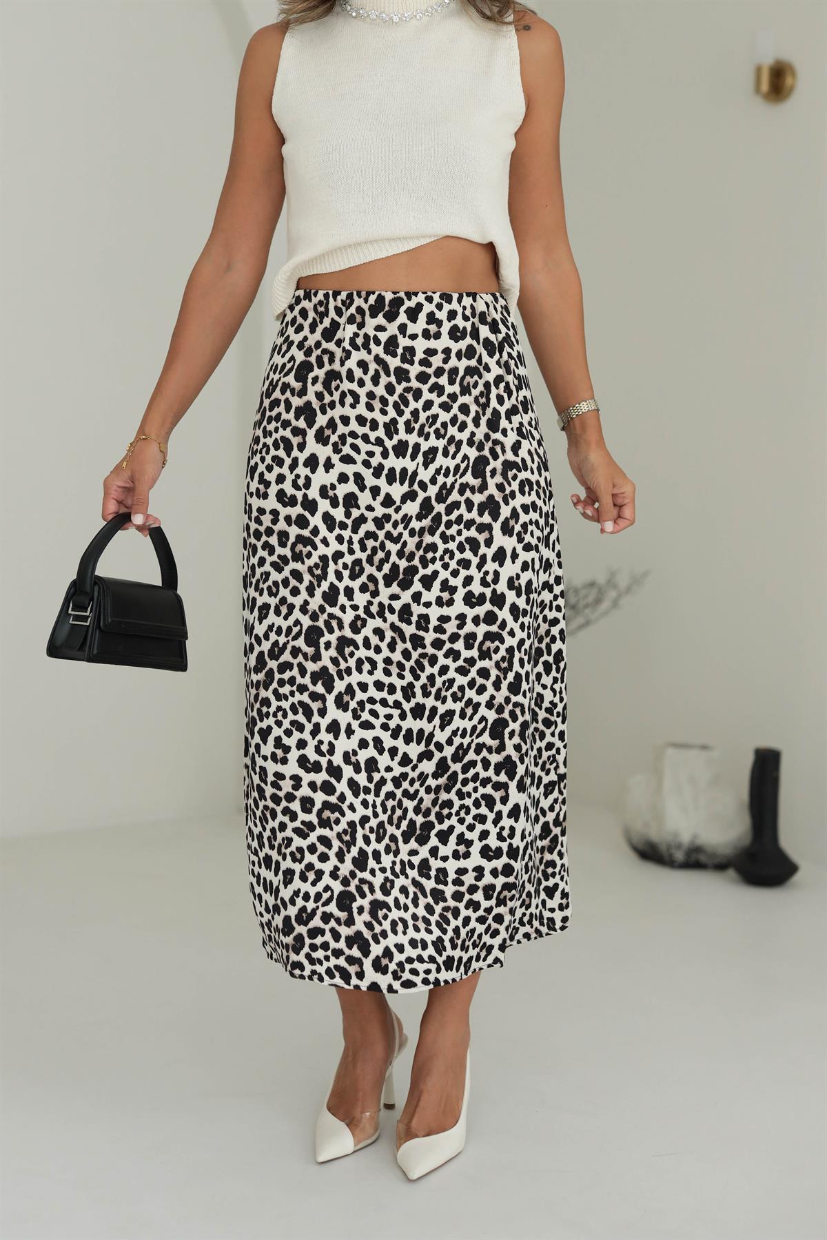 6362 Bel Lastikli Leopar Desen Saten Etek
