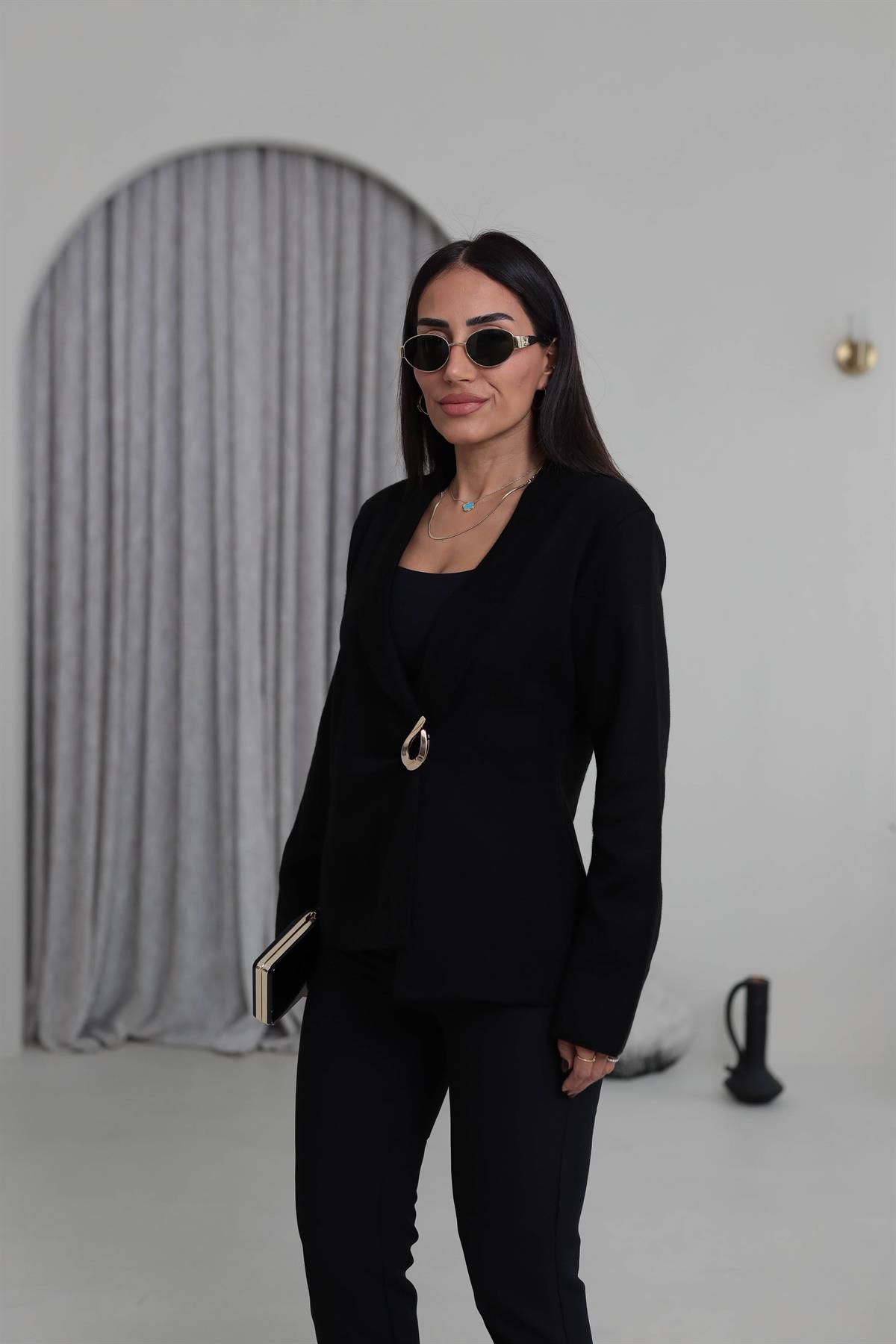 5835 Kruvaze Yaka Toka Detaylı Triko Ceket SİYAH