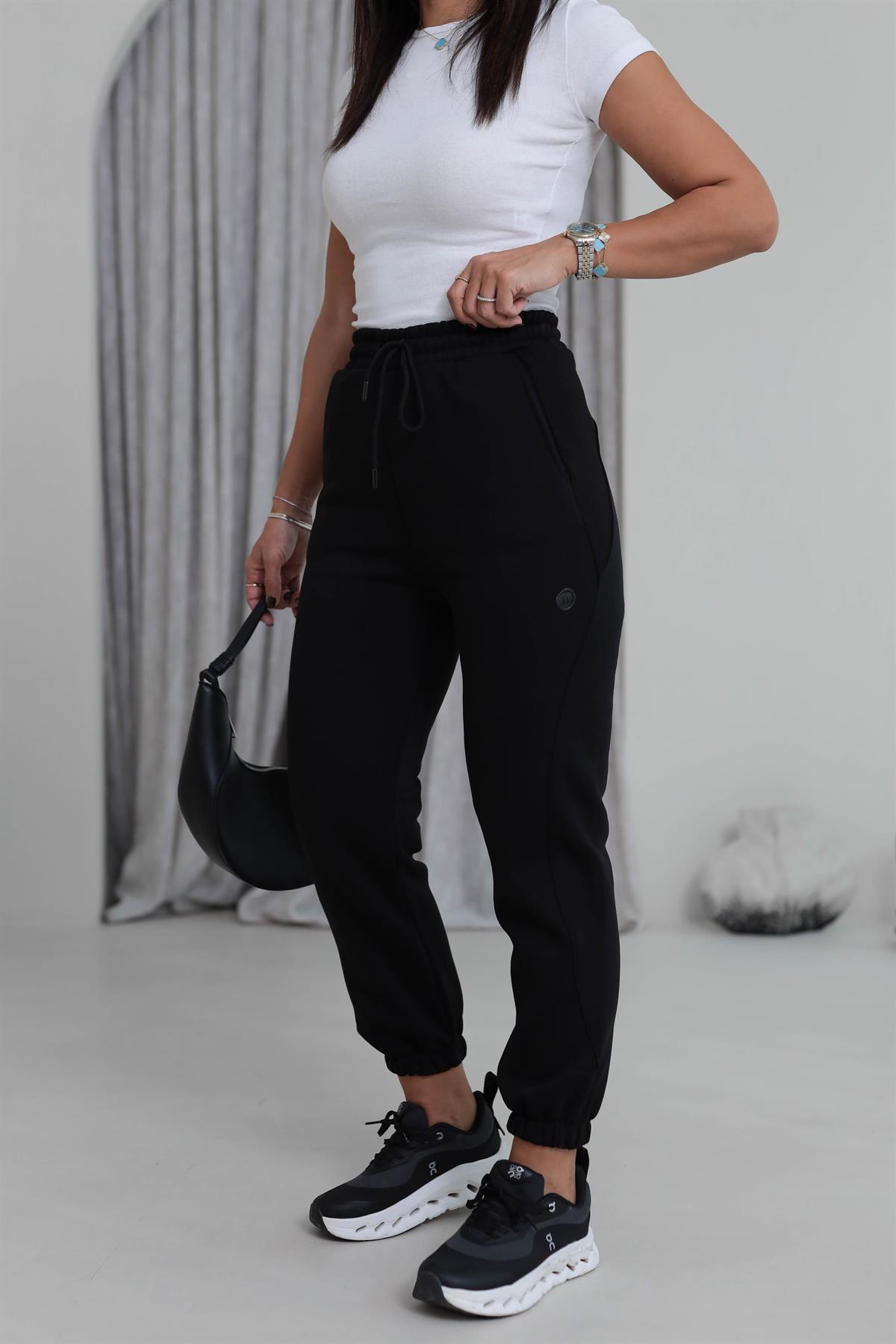 7314 Ribanalı Bel Lastikli 3 iplik Şardonlu Eşofman Altı SİYAH