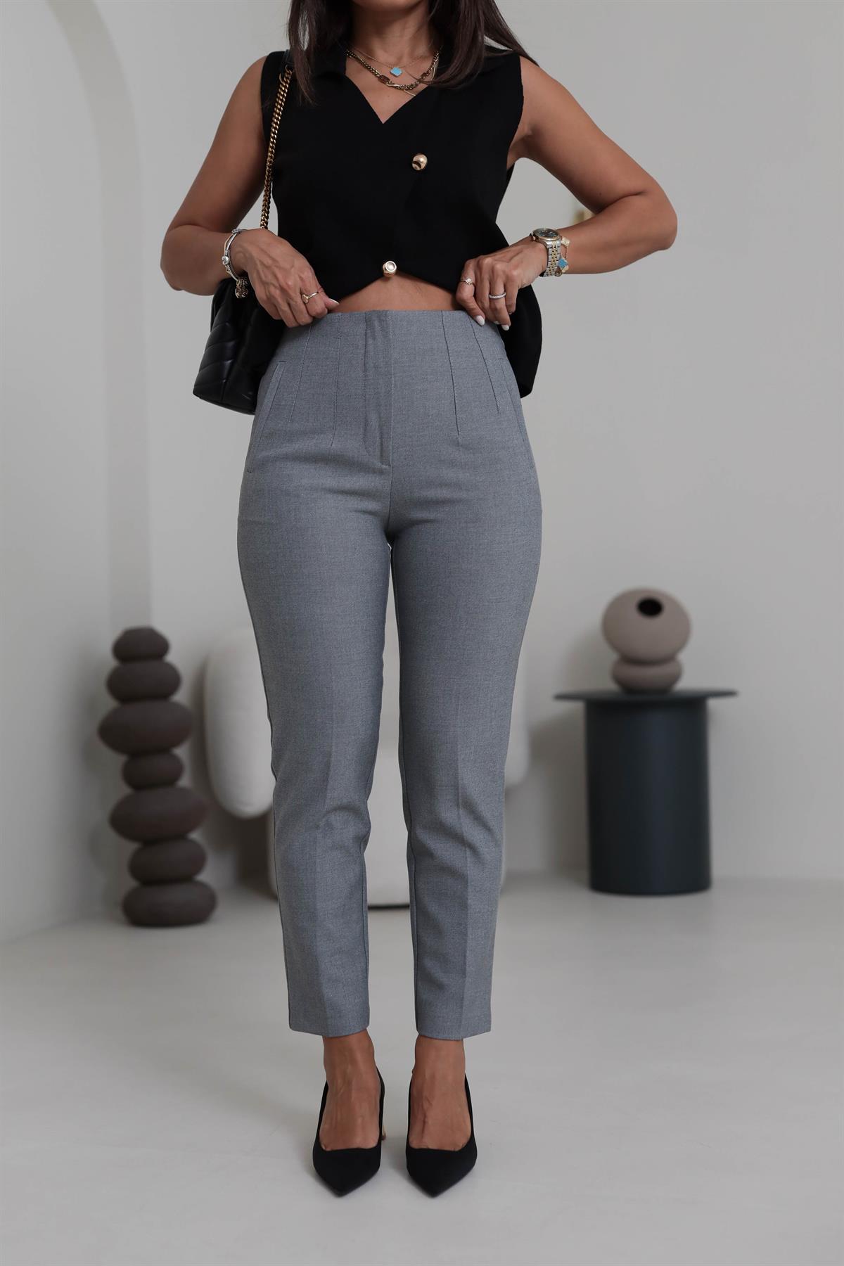 U5113-K Önü Flotalı Kumaş Pantolon KIRÇILLI GRİ