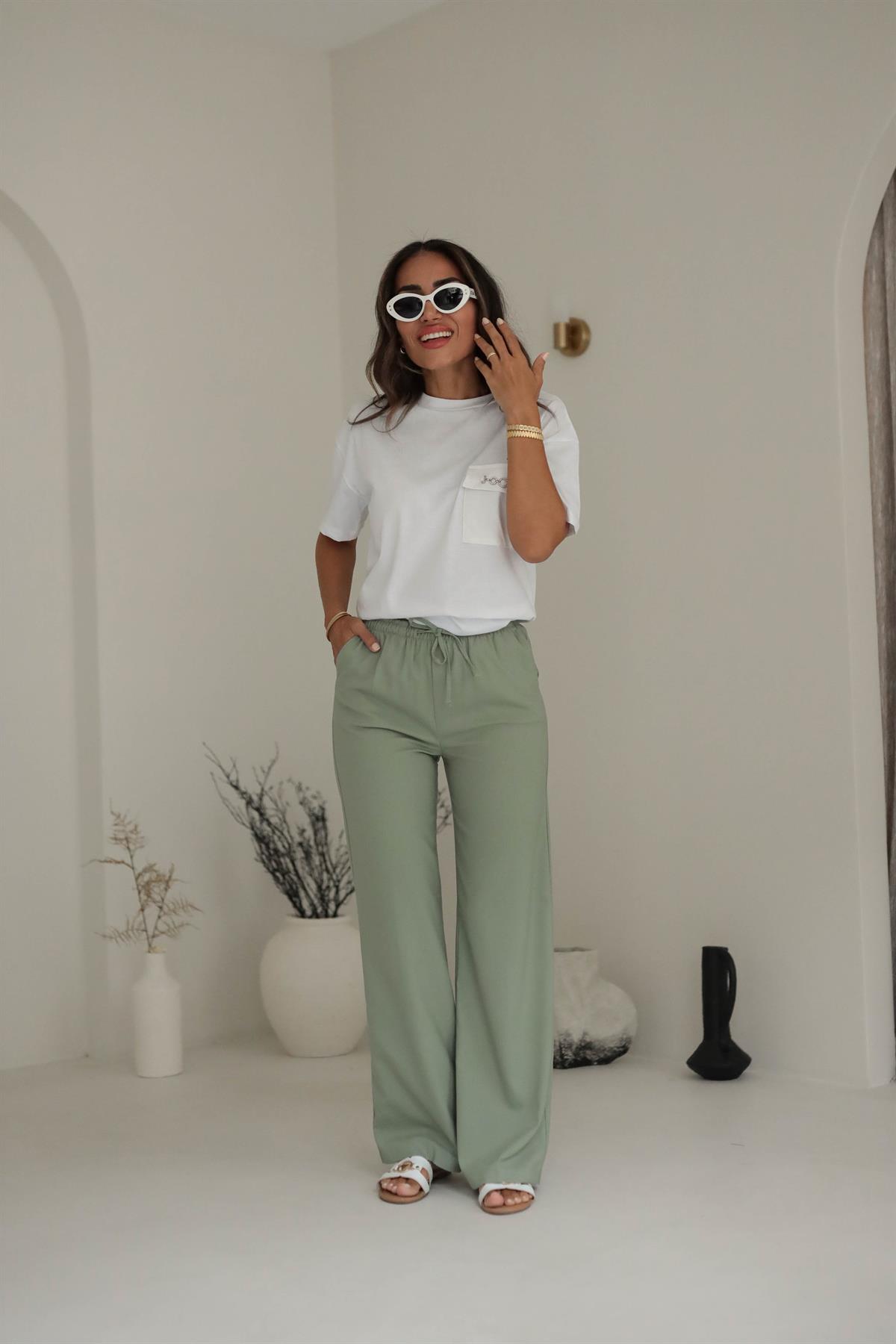 6054 Kemeri Lastikli Dokuma Kumaş Pantolon MİNT