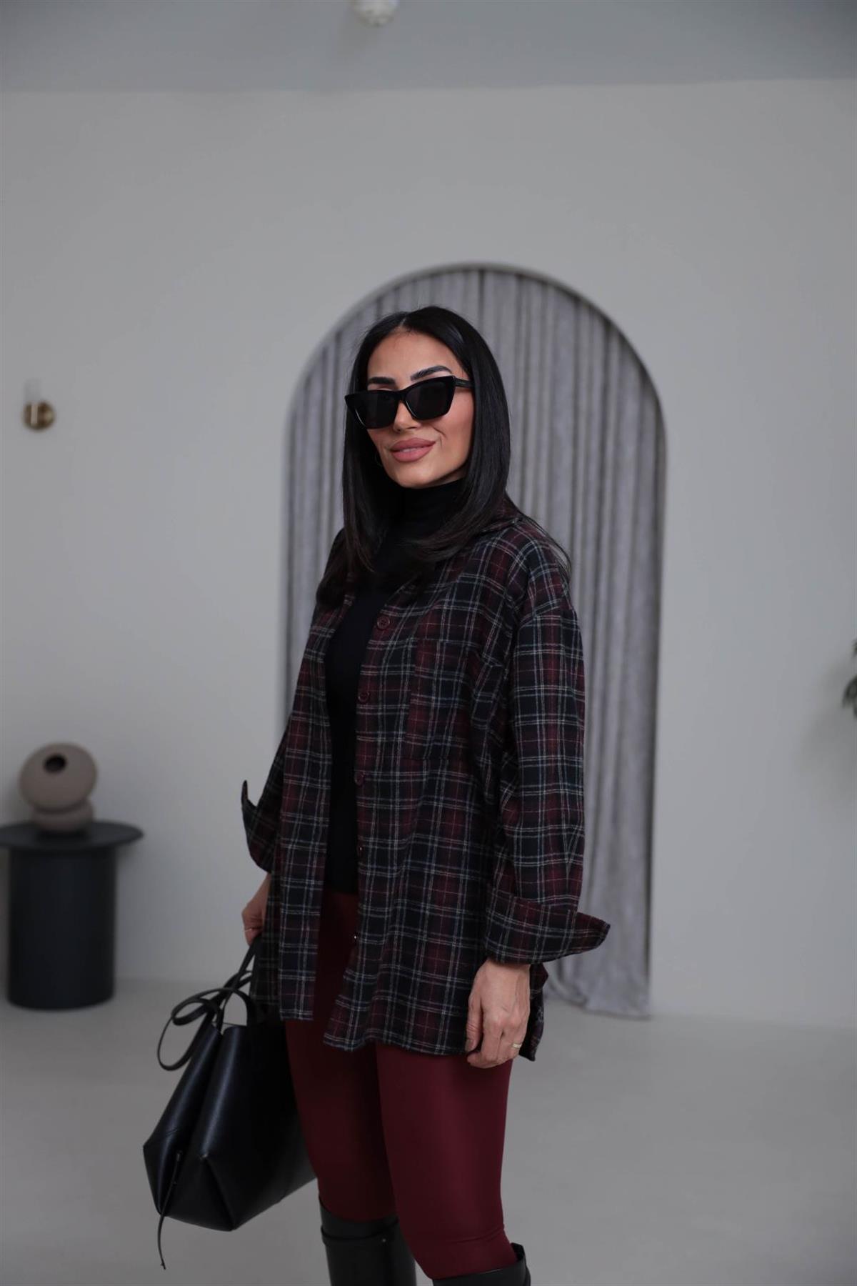 513 Ekose Desen Yünlü Rahat Gömlek BORDO