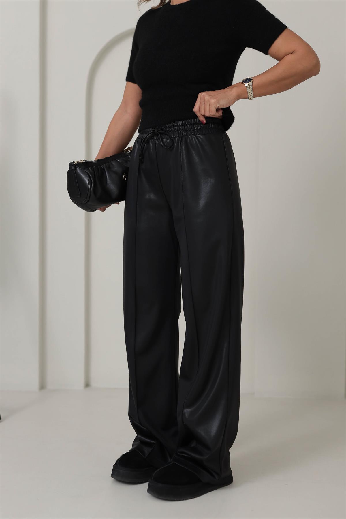 0907 Önü Çimalı Deri Palazzo Pantolon