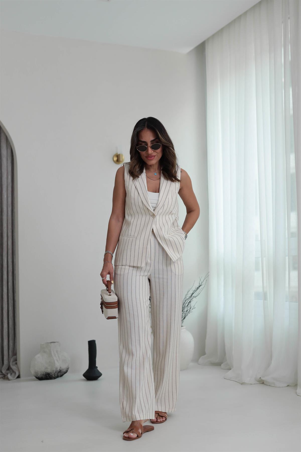 8669 Tek Düğmeli Çizgili Keten Yelek & Pantolon Takım VİZON