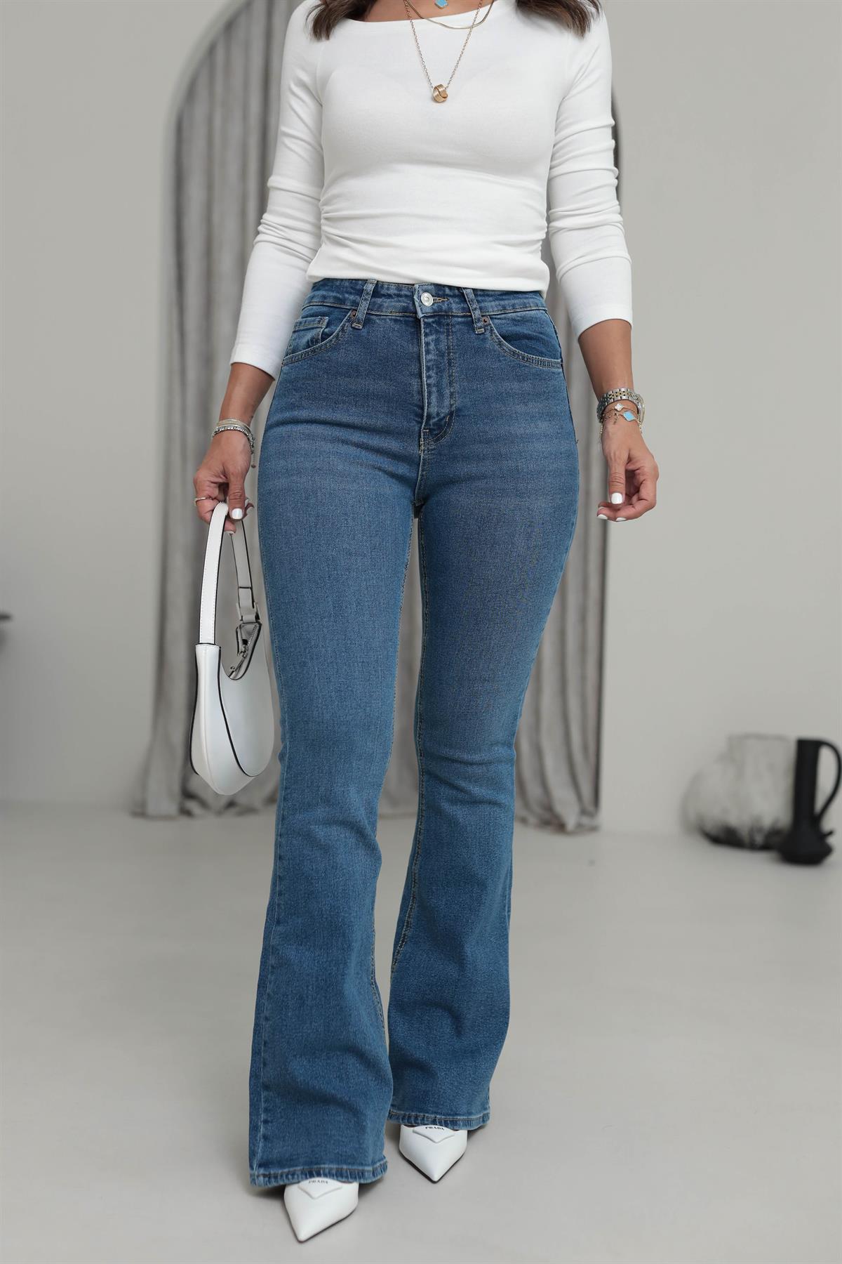 1826 İspanyol Paça Yüksek Bel Kot Pantolon KOYU MAVİ