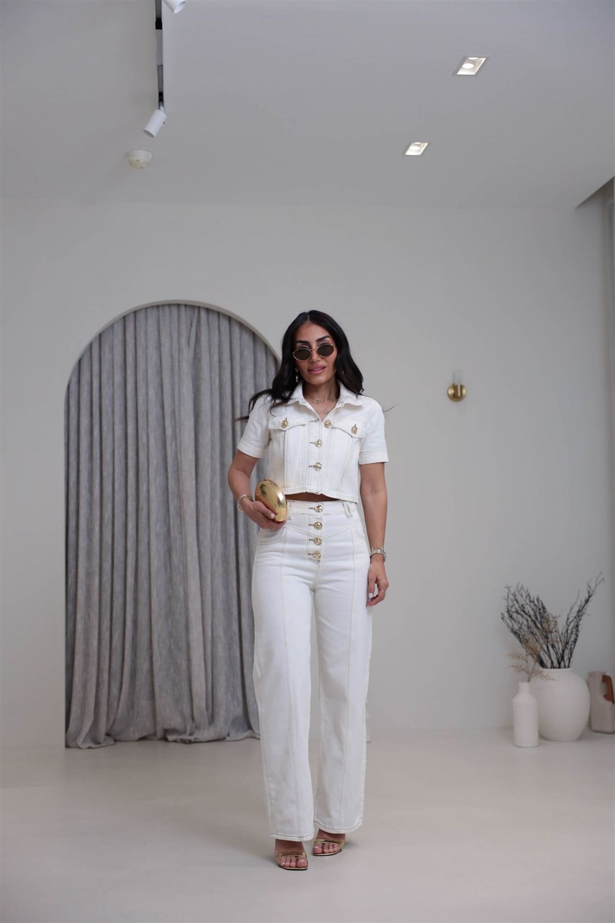 7410 Gold Düğmeli Denim Takım EKRU