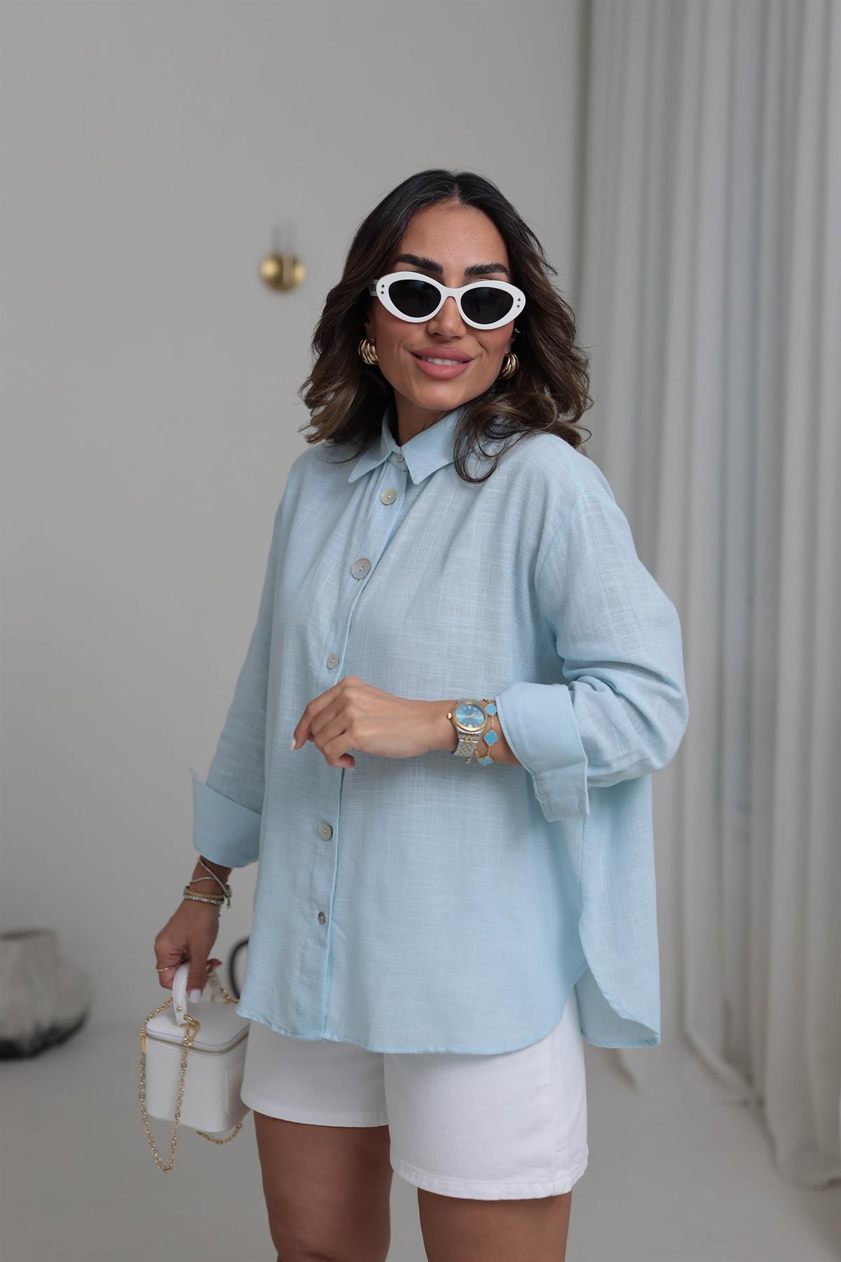 0384 Uzun Kollu Keten Gömlek BEBE MAVİ