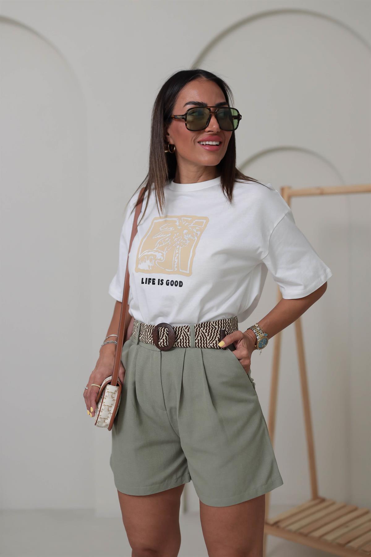 0392 Life Is Good Pamuklu Tshirt EKRU