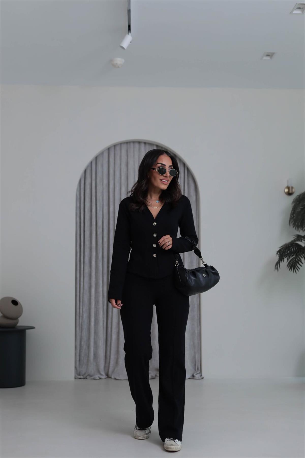 Gold Düğmeli V Yaka Selanik Hırka Takım SİYAH