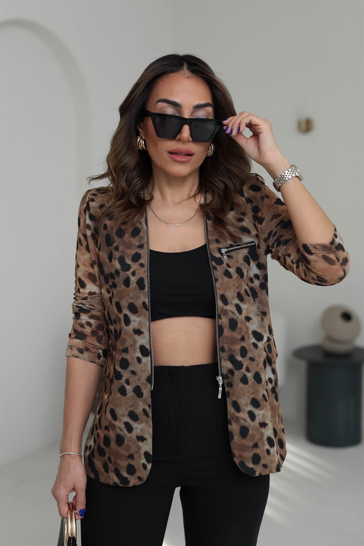 7023 Leopar Desen Fermuar Detaylı Tül Ceket LEOPAR