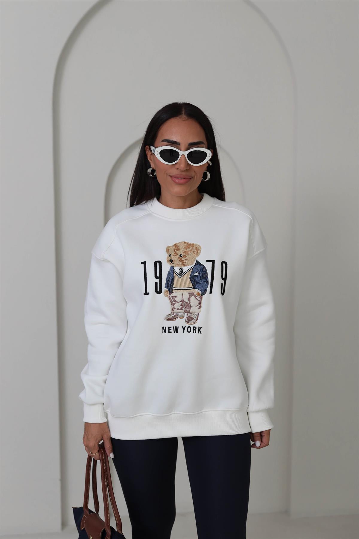 0417 Bisiklet Yaka Şardonlu Teddy Baskılı Sweatshirt EKRU