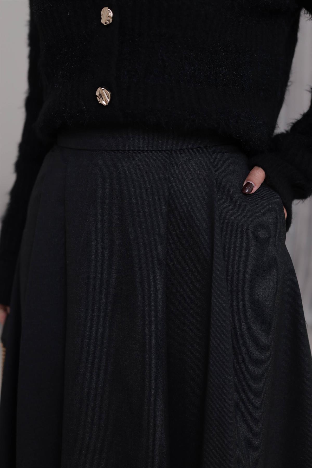 5152 Geniş Pileli Midi Etek ANTRASİT