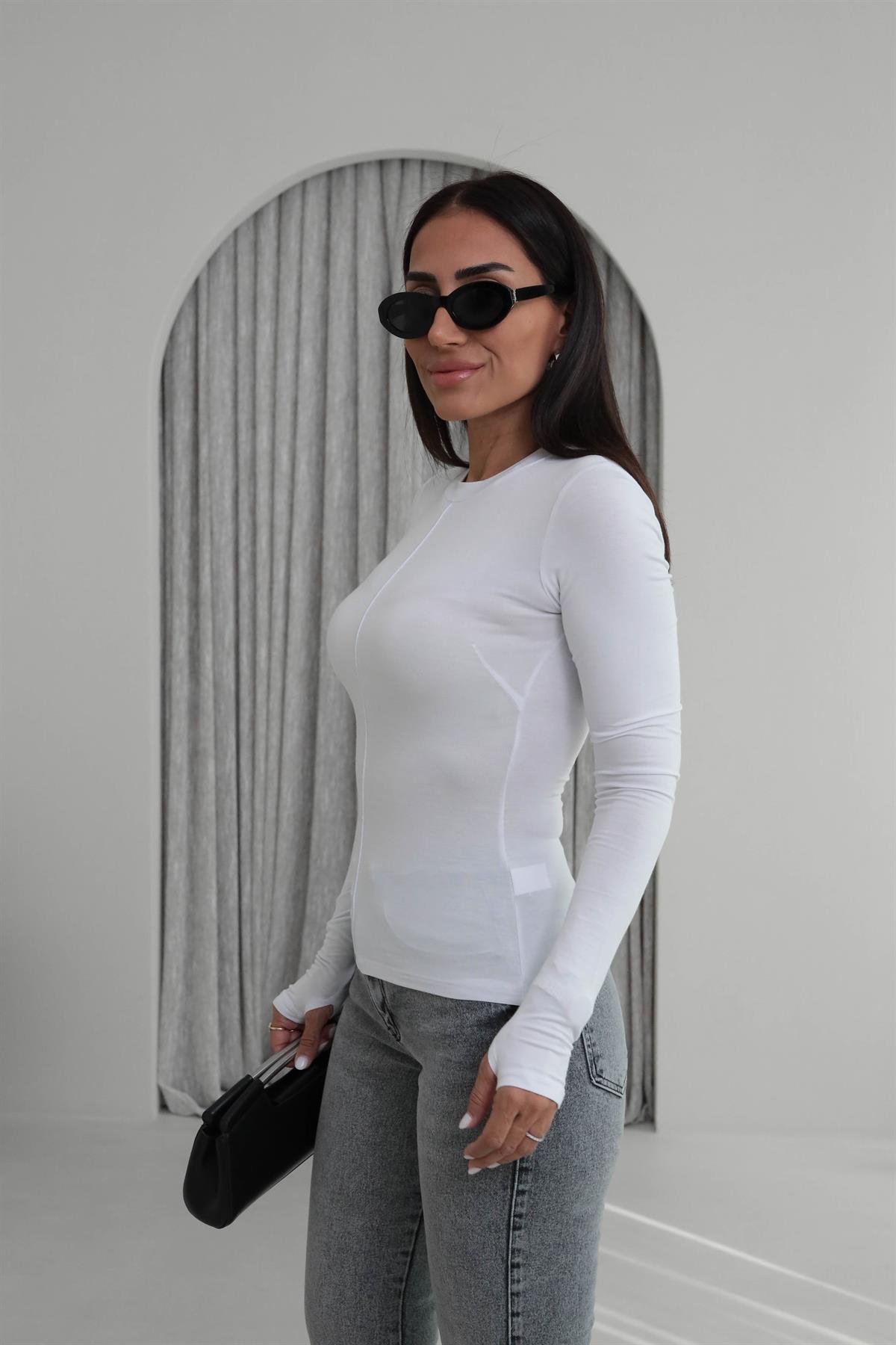 4152 Bisiklet Yaka Çimalı Parmak Geçmeli Body BEYAZ