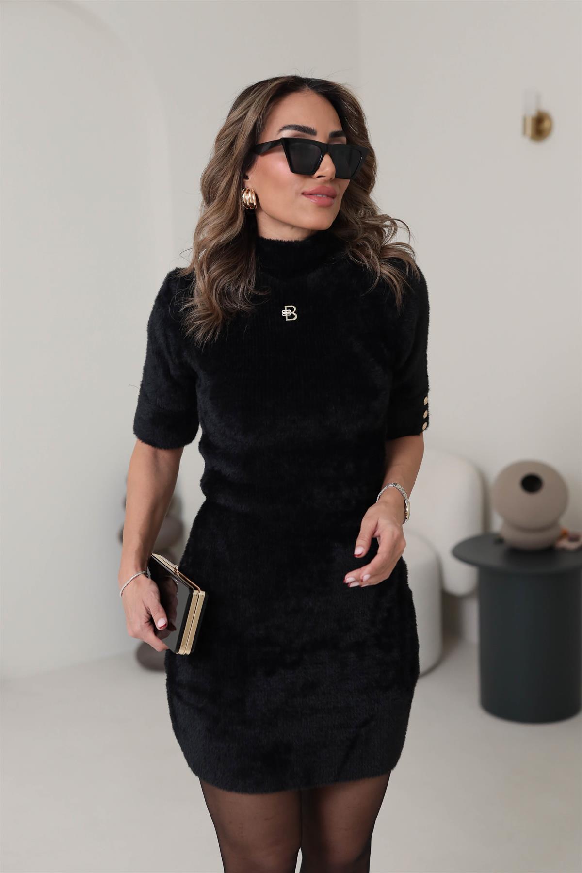 0221 Angora Taşlı Kısa Kollu Elbise SİYAH