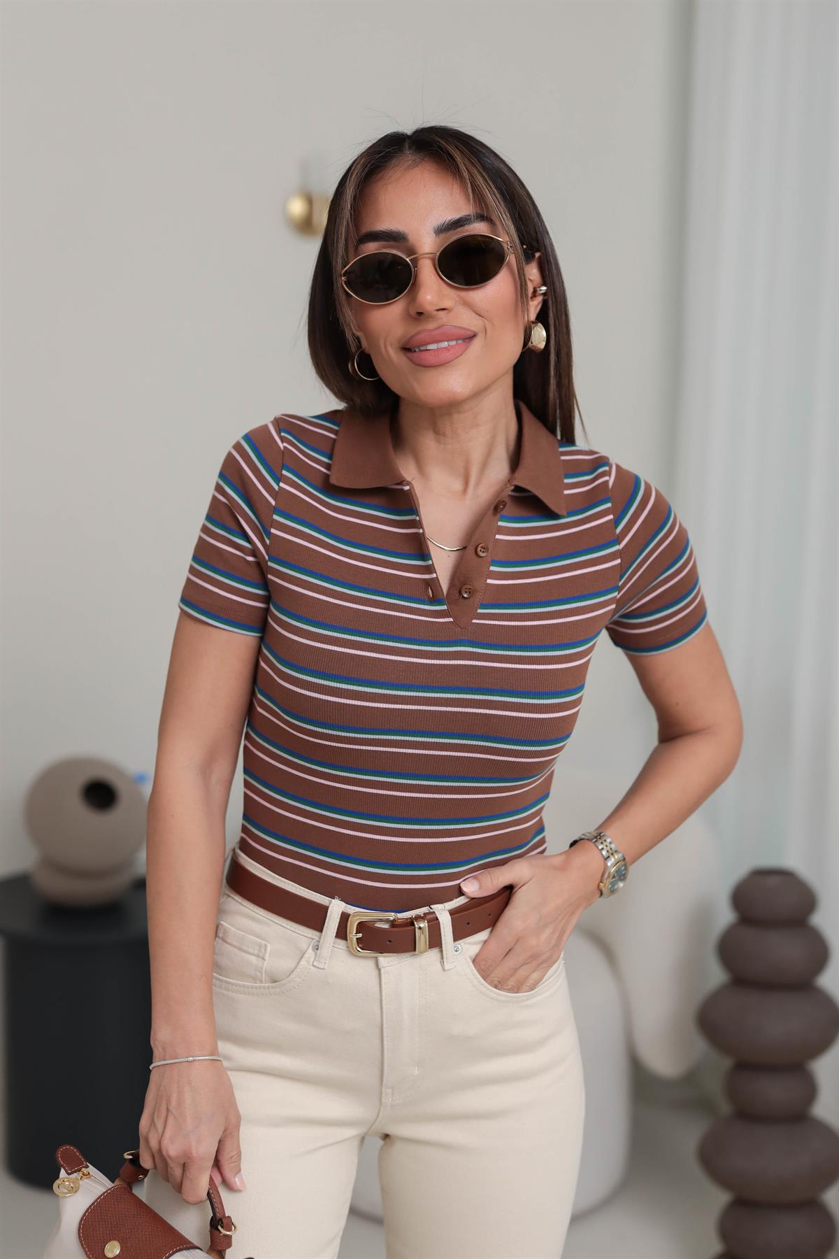 1465 Polo Yaka Renkli Çizgili Kısa Kol Triko KAHVE