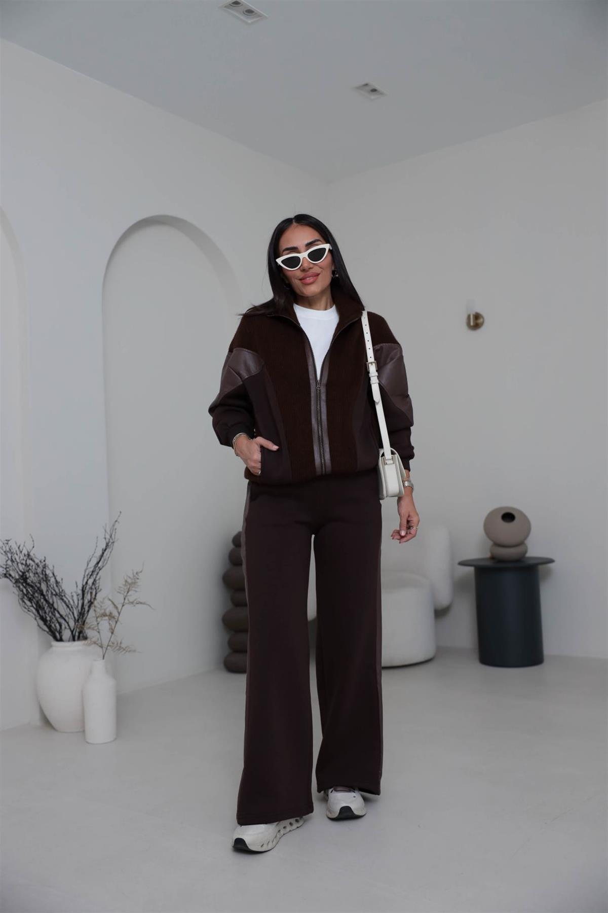 6961 Triko Deri Garnili Tasarım Takım KAHVE