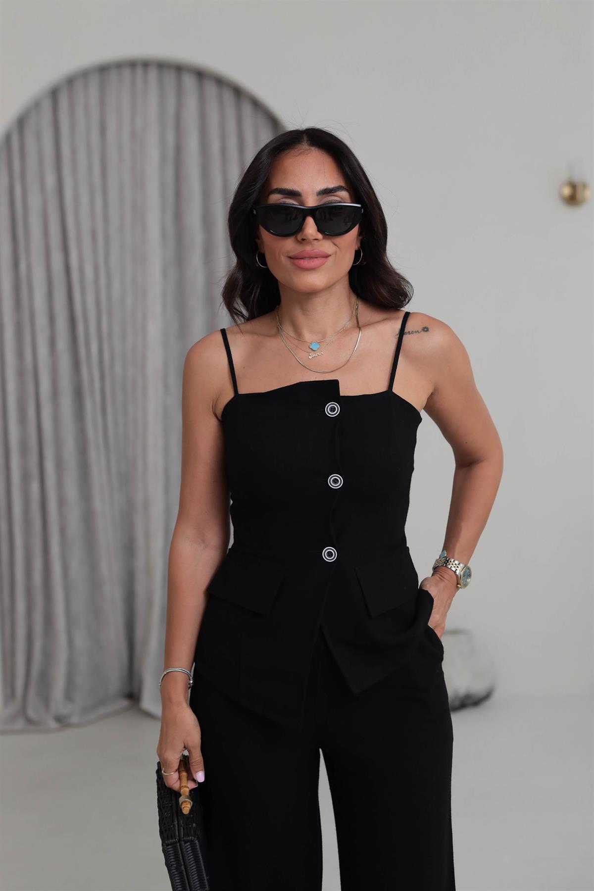 0288 Askıları Ayarlanabilir Tencel Keten Yelek & Pantolon Takım SİYAH