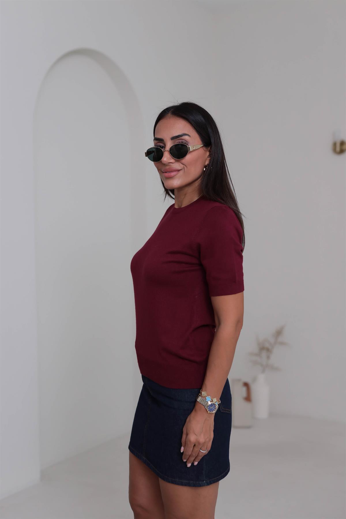 0779 Bisiklet Yaka Kısa Kol Basic Triko Bluz BORDO