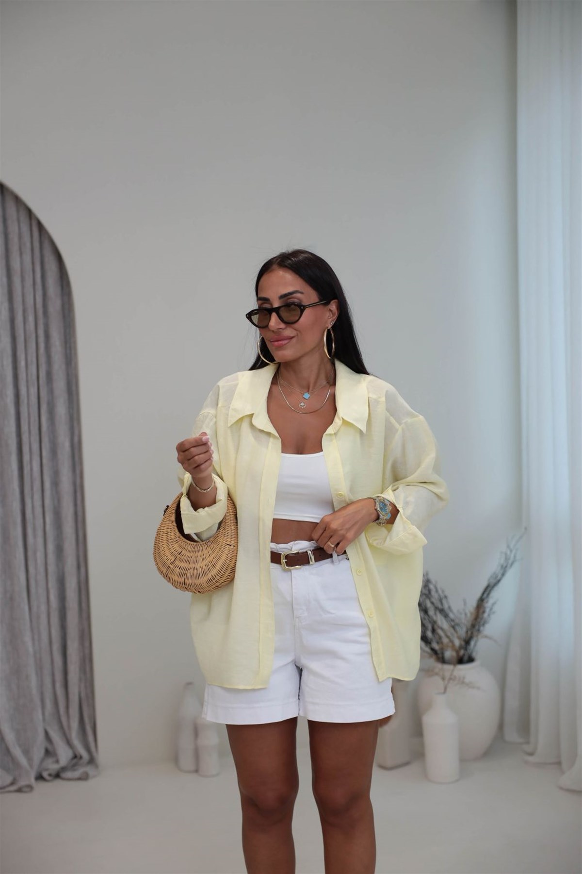 4612Y Tencel Omzu Düşük Oversize Gömlek SARI