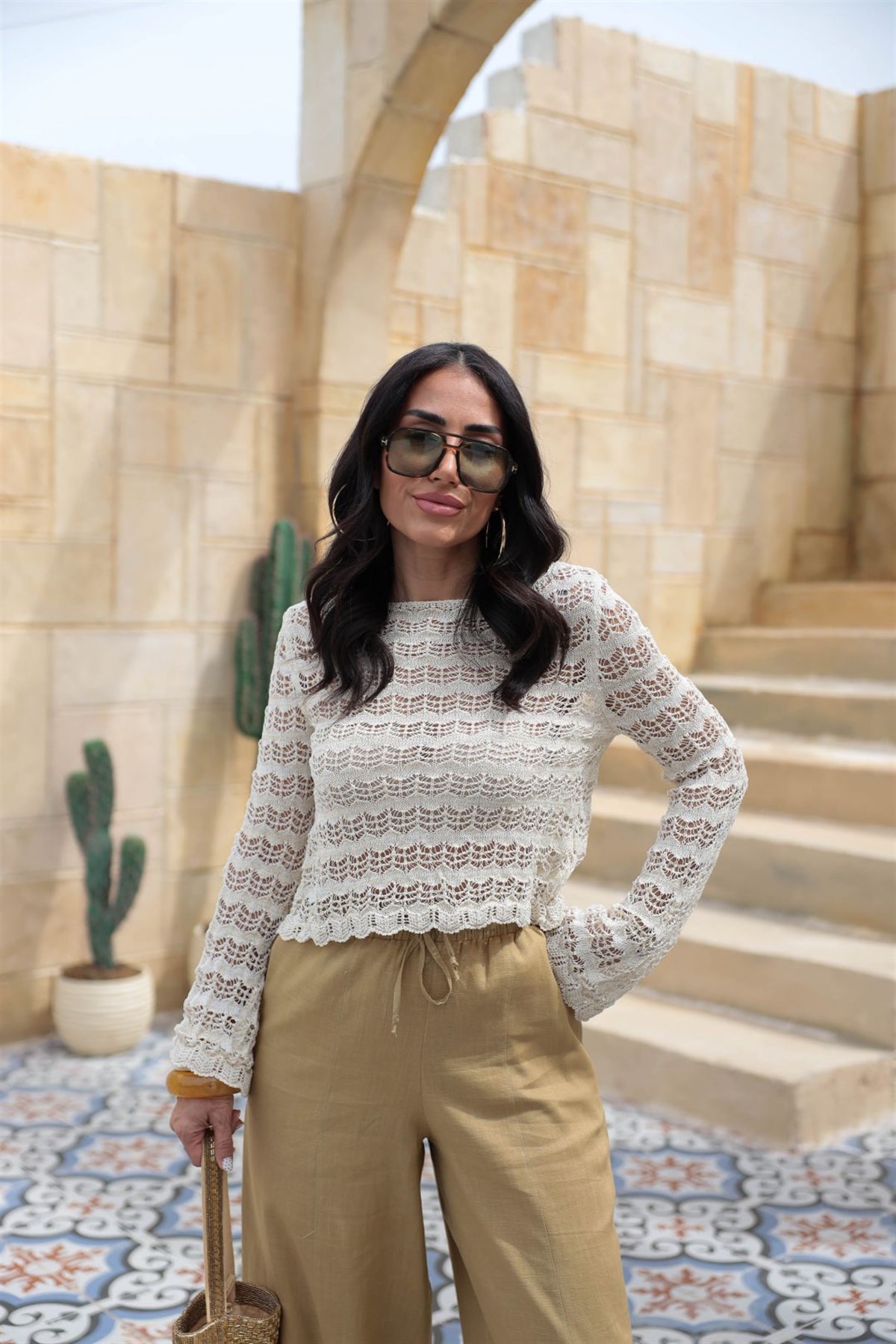 4702 Simli Ajurlu Triko Bluz KREM