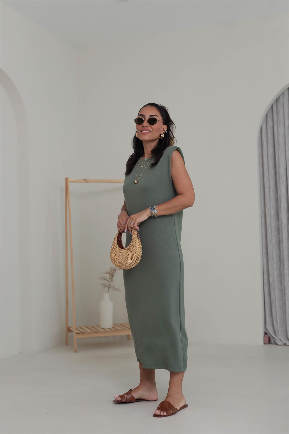 3316 Bisiklet Yaka Vatkalı Penye Modal Elbise HAKİ YEŞİL