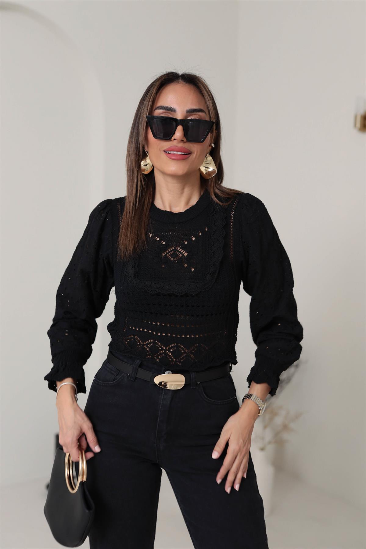 8058 Kol Fisto Detaylı Ajurlu Bluz SİYAH