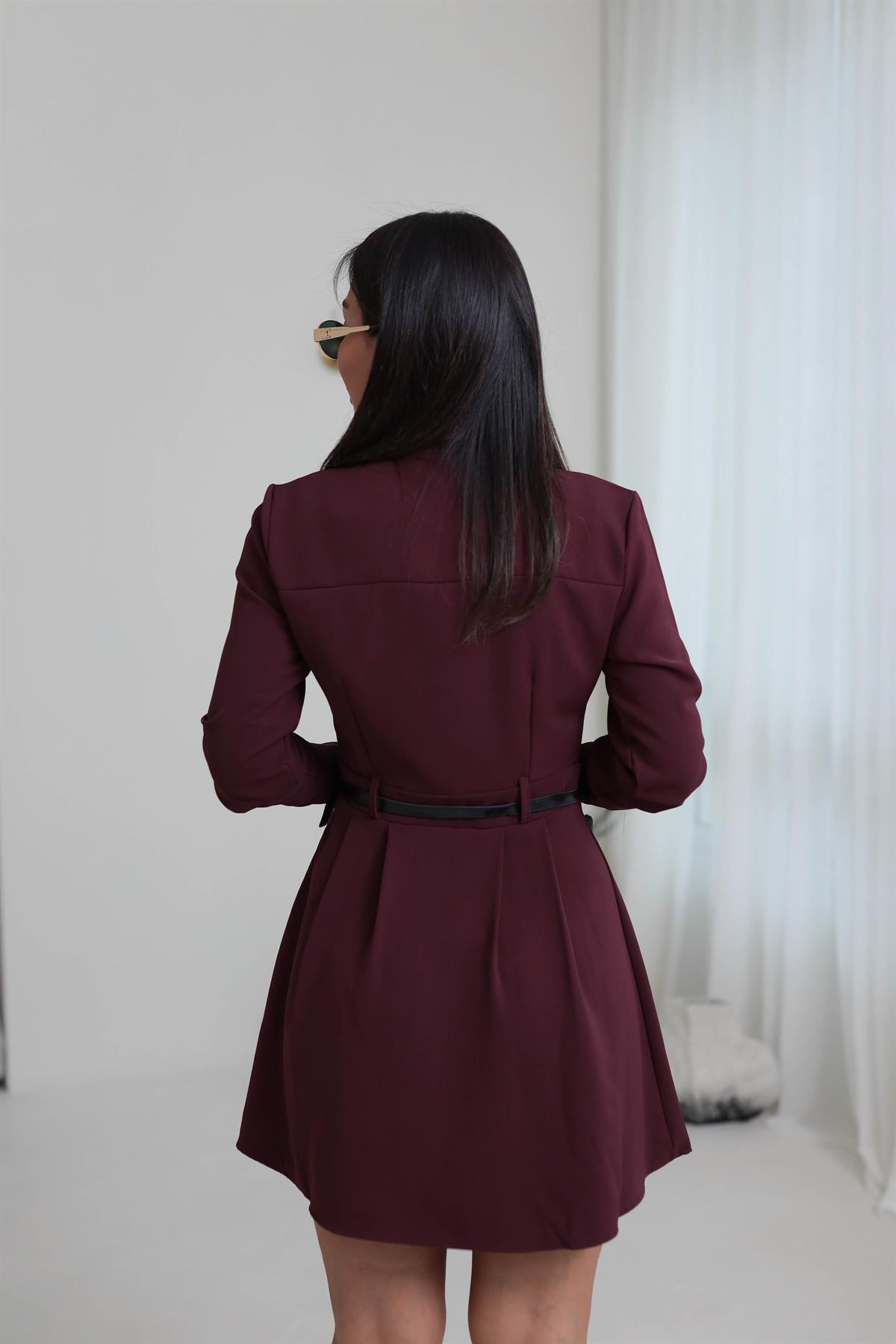 8171 Pensli Kemerli Gömlek Elbise BORDO
