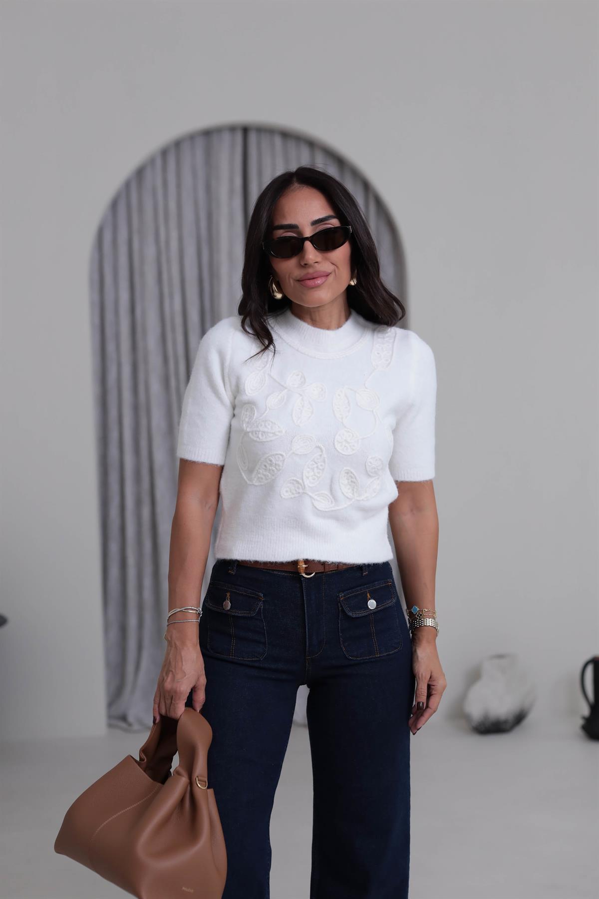 5021 Bisiklet Yaka İşleme Detaylı Kısa Kol Triko EKRU