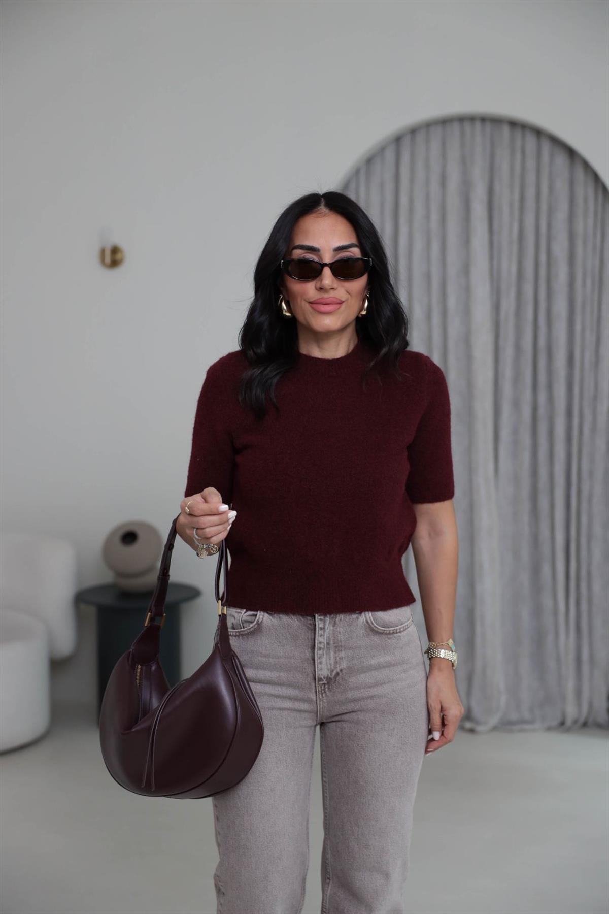 4767 Bisiklet Yaka Kısa Kol Triko Bluz BORDO