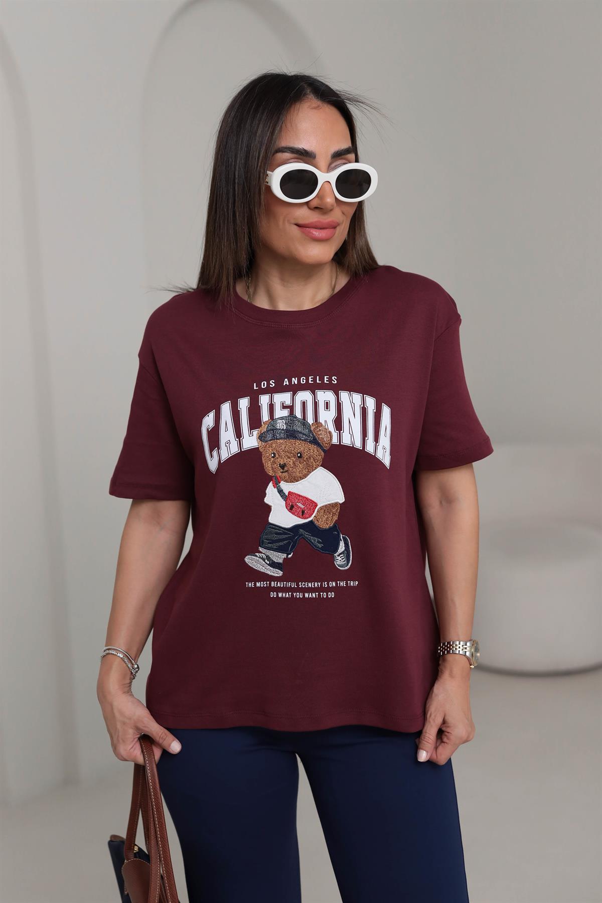 0295 Bisiklet Yaka Tedy Nakışlı Koton Tshirt BORDO